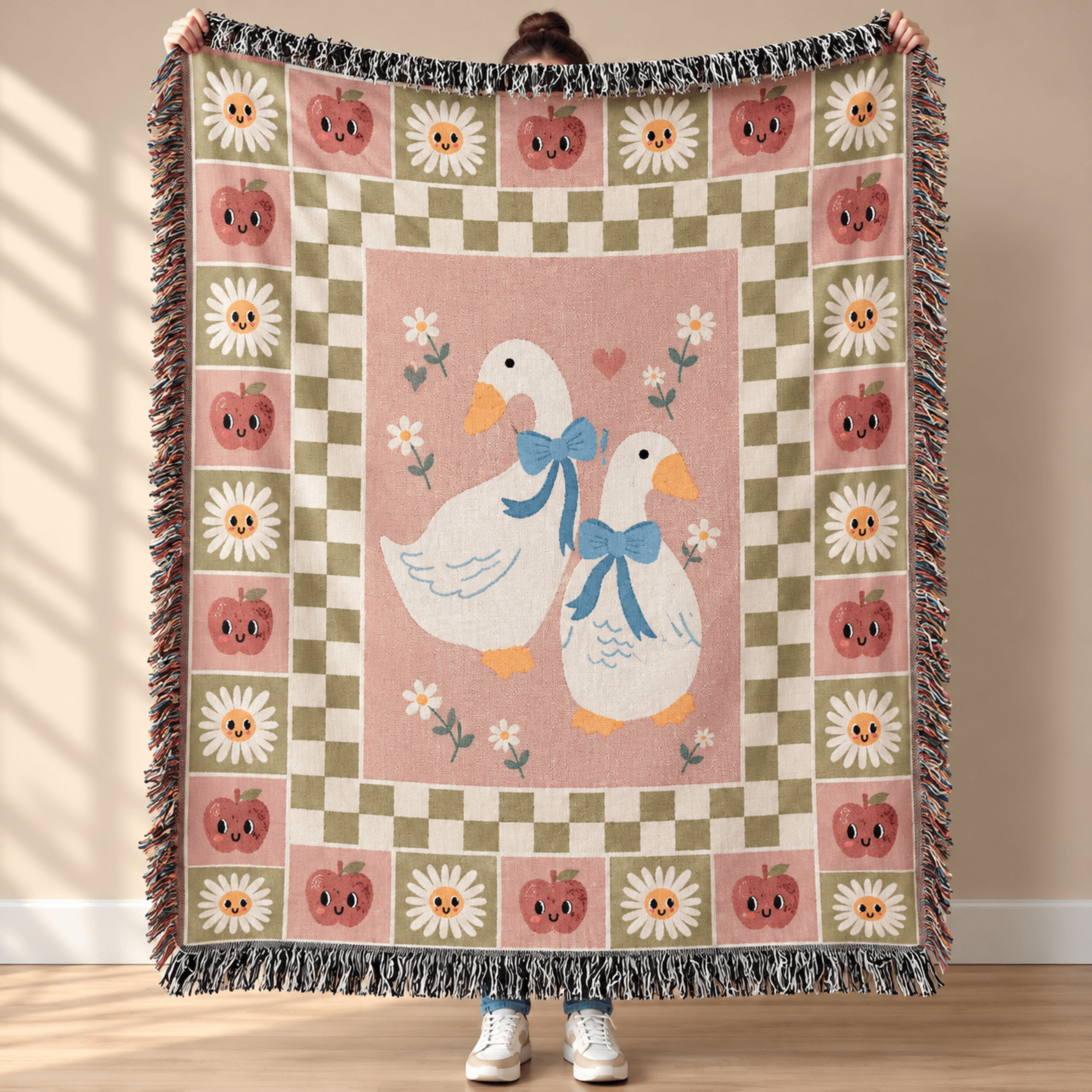 cute goose woven blanket, cottagecore daisy and apple checkered throw, vintage farmhouse decor, cozy goose lover gift