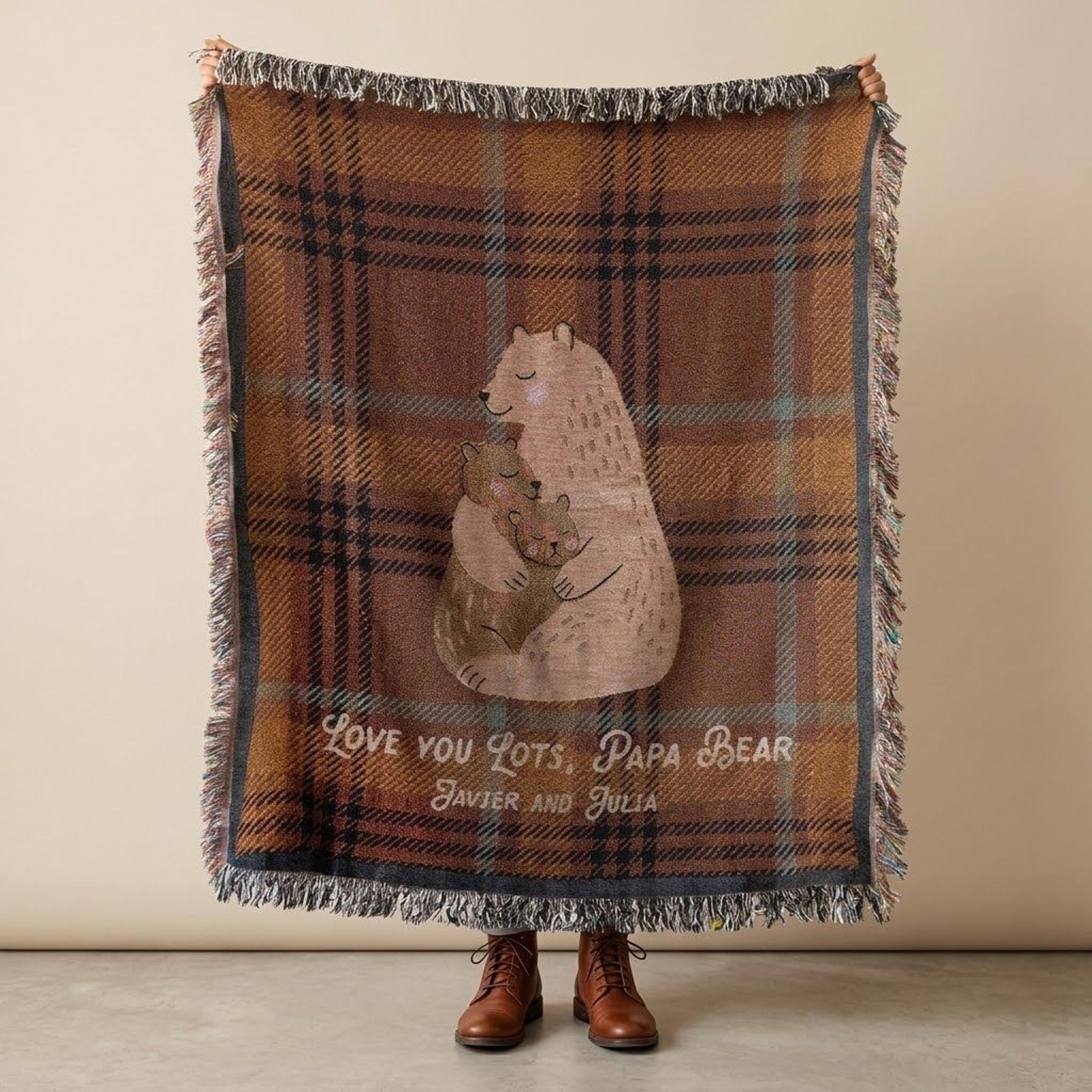 personalized papa bear woven blanket, custom grandkids names throw, love you lots papa bear gift, rustic plaid father's