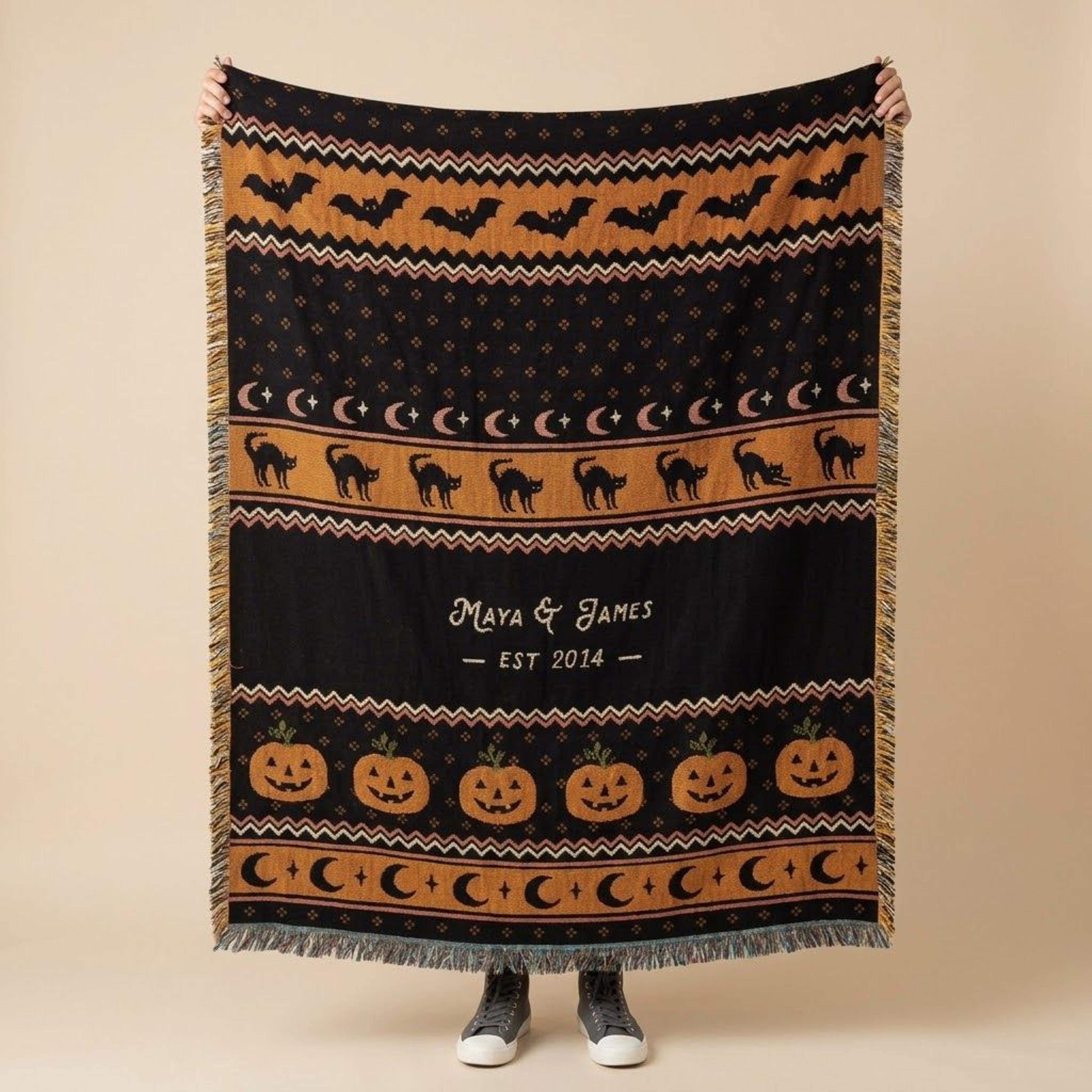 personalized halloween woven blanket, custom couple names throw, vintage bat black cat pumpkin blanket, spooky fall gift