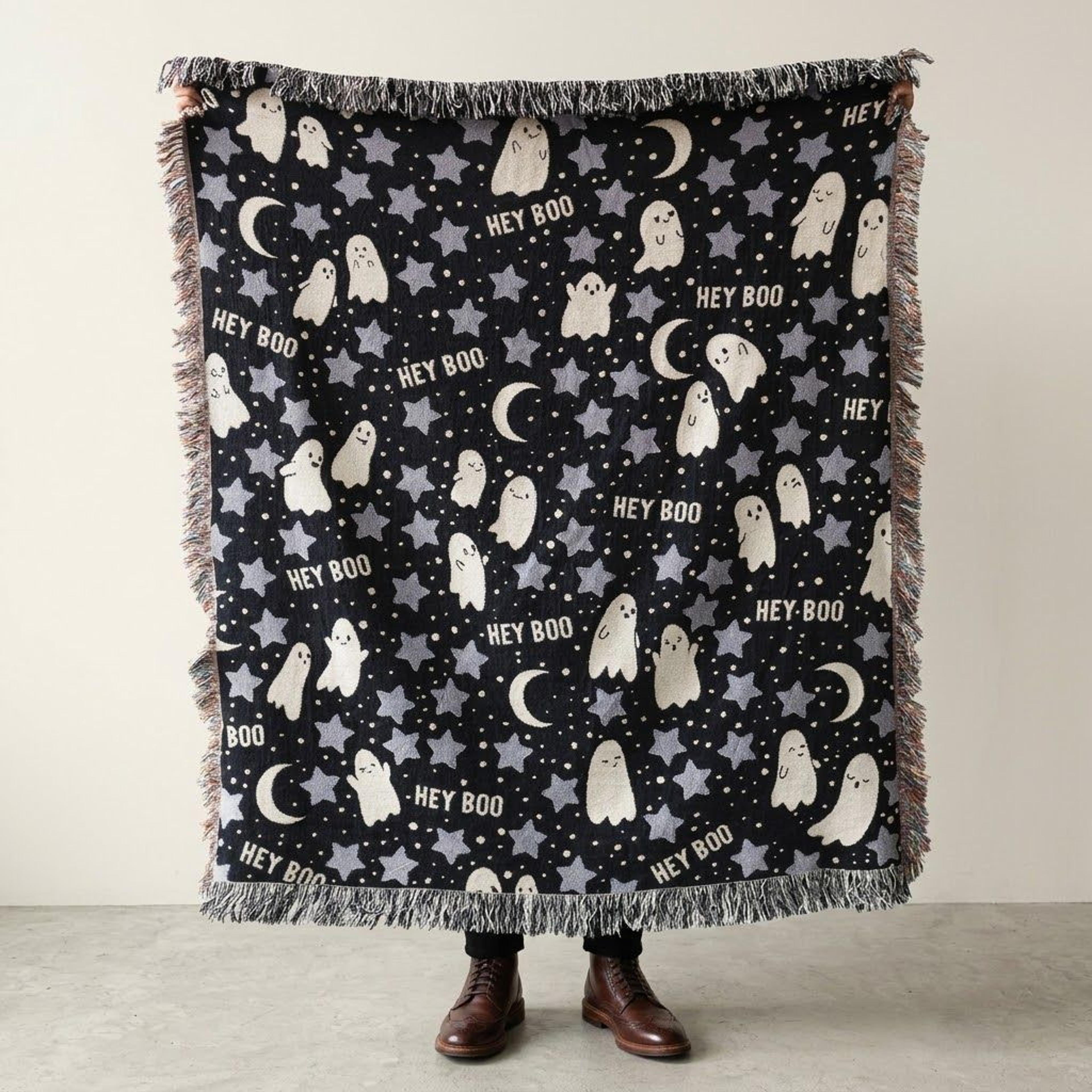 cute ghost halloween woven blanket, hey boo spooky throw blanket, ghost moon stars pattern, cozy halloween home decor