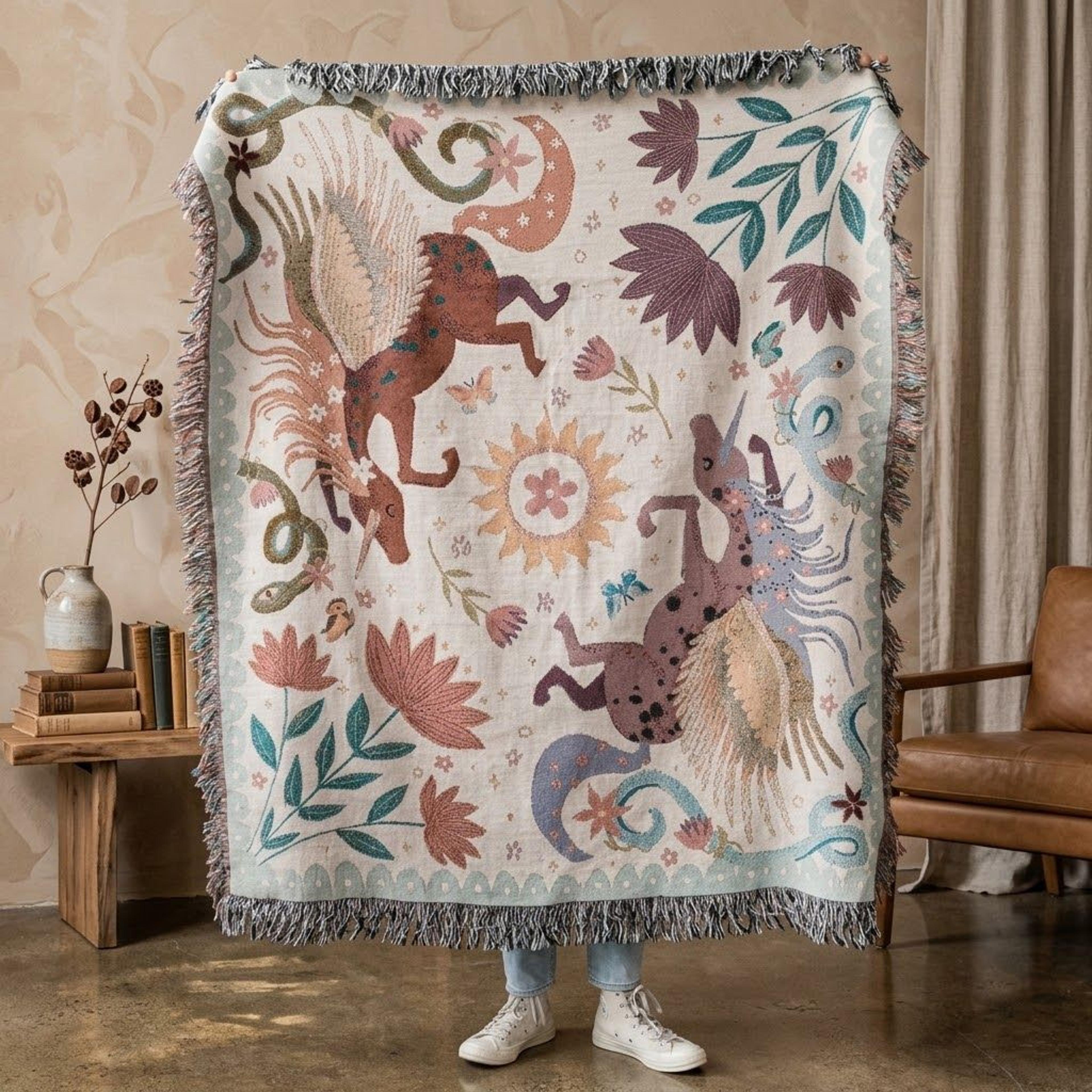 magical pegasus woven blanket, whimsical winged horse floral throw, enchanted fantasy cottagecore blanket, dreamy