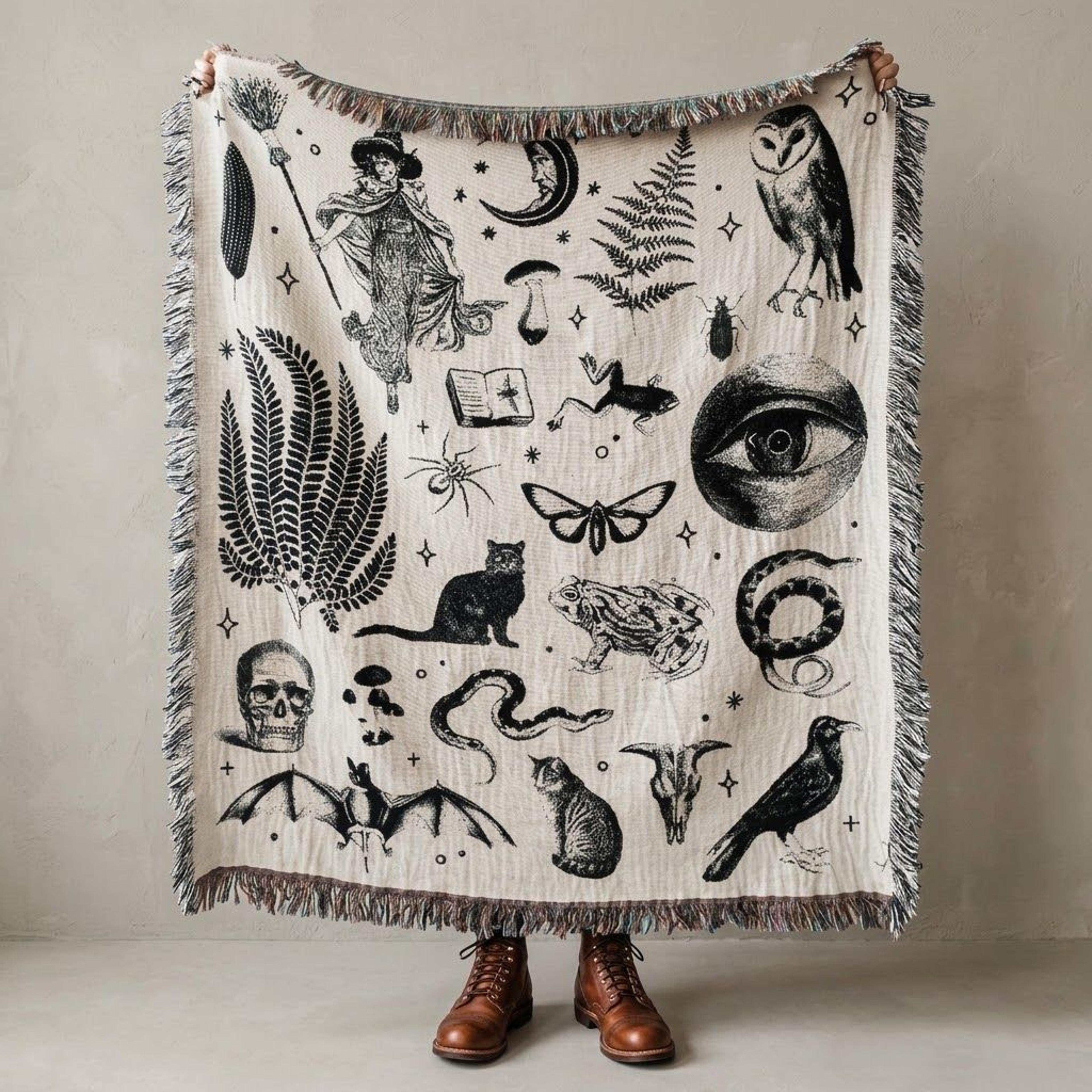 witchy gothic woven blanket, vintage witchcraft occult throw, black cat owl snake celestial blanket, dark academia