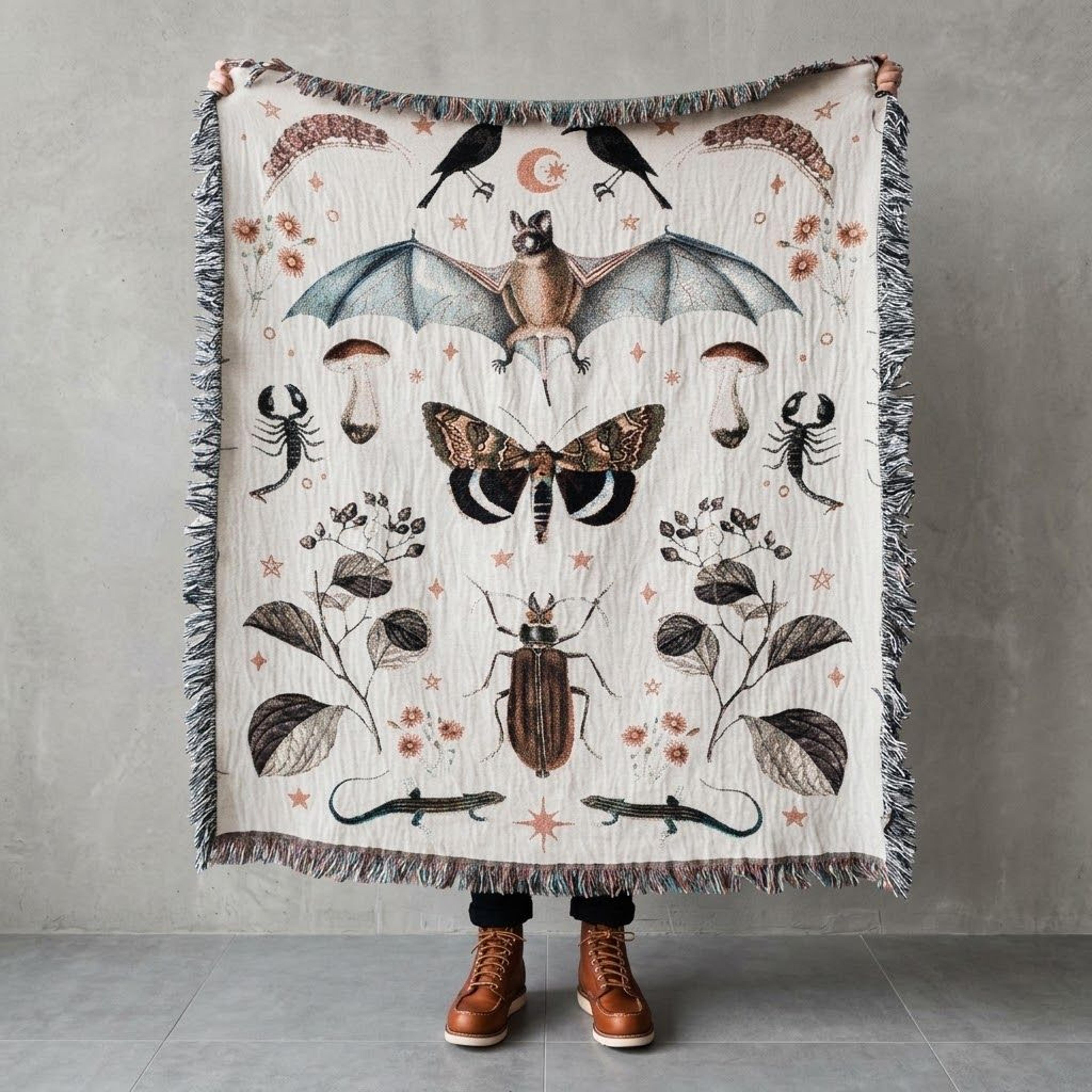 gothic bat woven blanket, vintage moth scorpion beetle throw, dark academia insect blanket, witchy botanical halloween