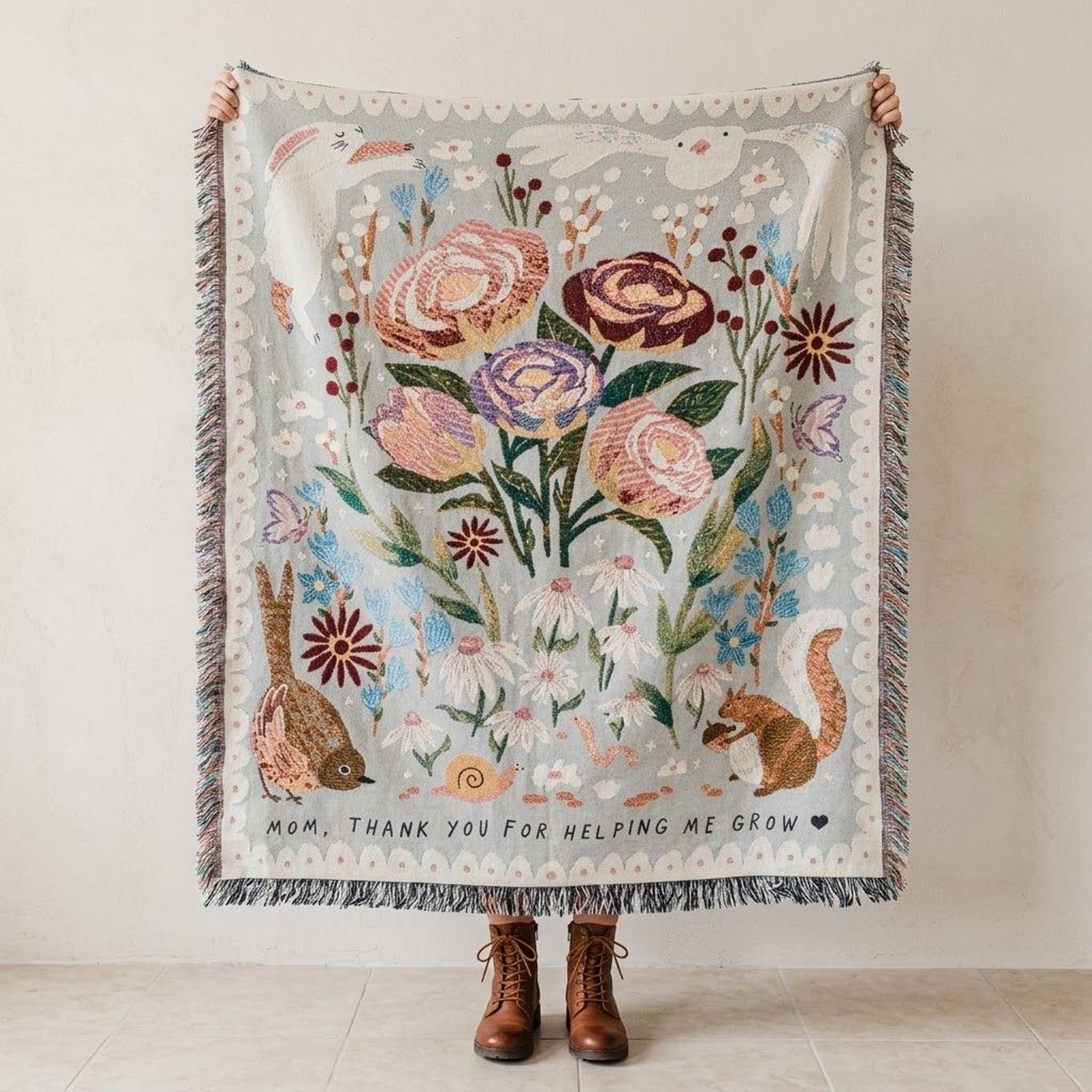 mom thank you for helping me grow woven blanket, floral garden throw, mother's day gift, cottagecore botanical mom