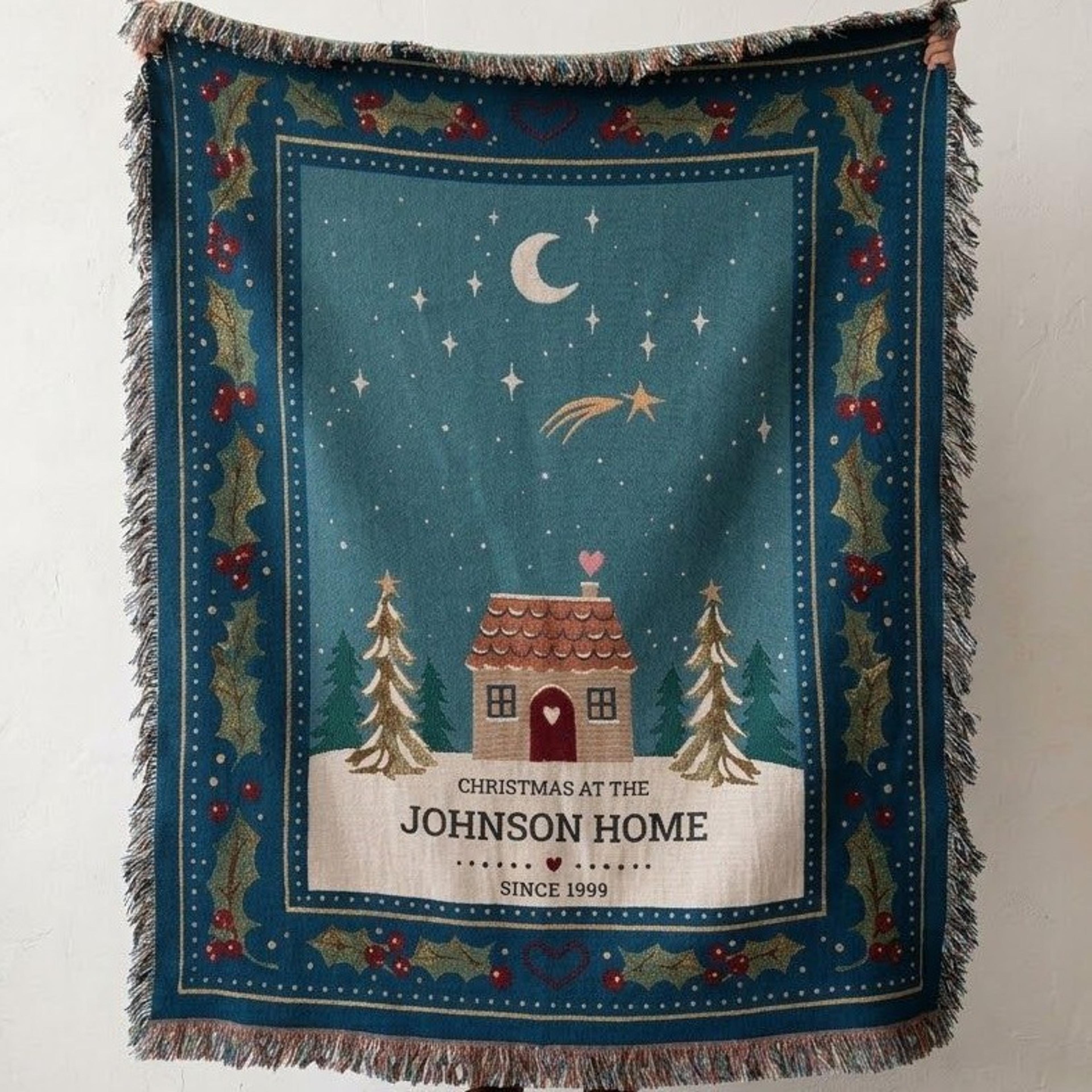 personalized christmas woven blanket, custom family name holiday throw, cozy winter cottage snowy house decor, christmas