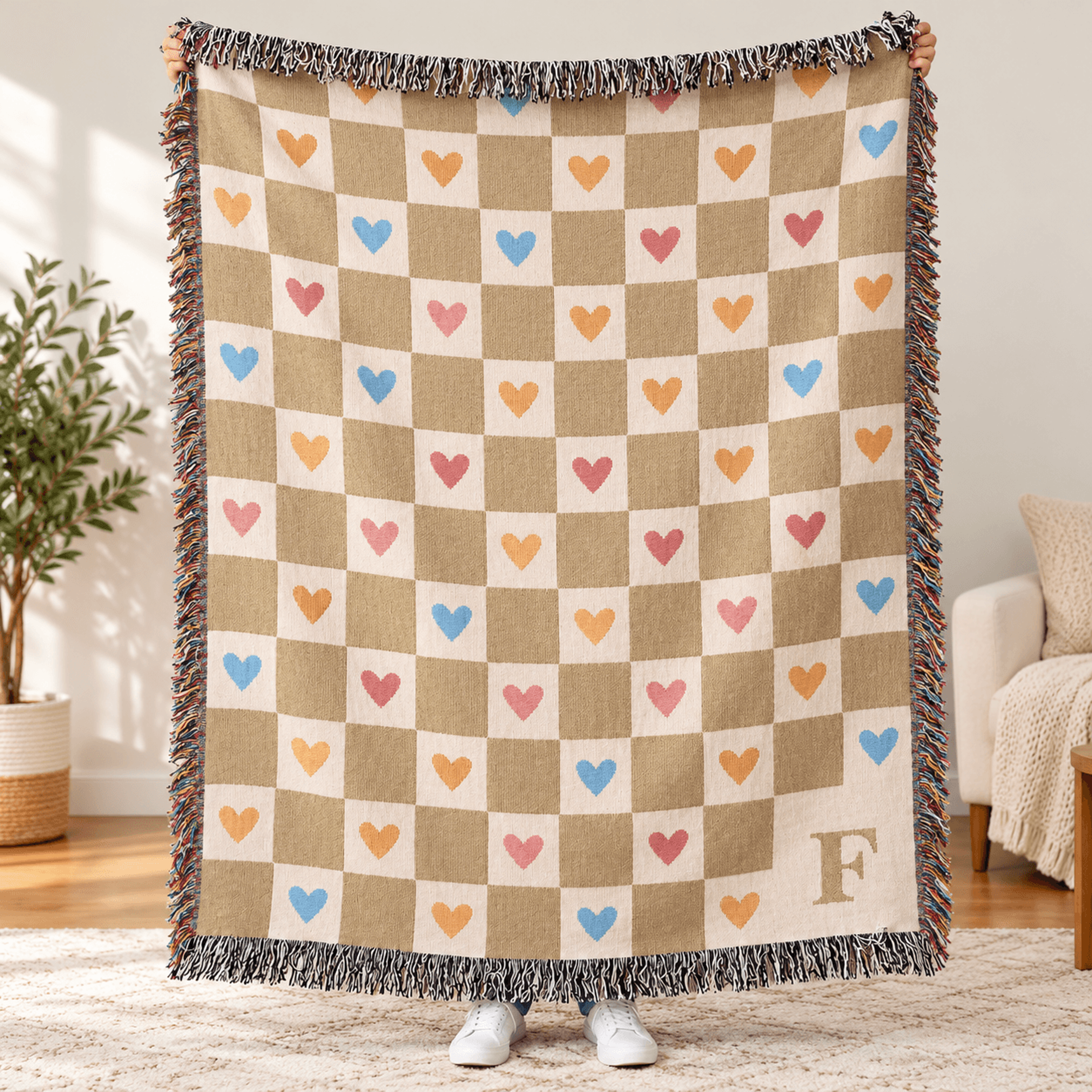 personalized heart checkerboard woven blanket, custom initial throw, cute pastel hearts blanket, retro checkered home