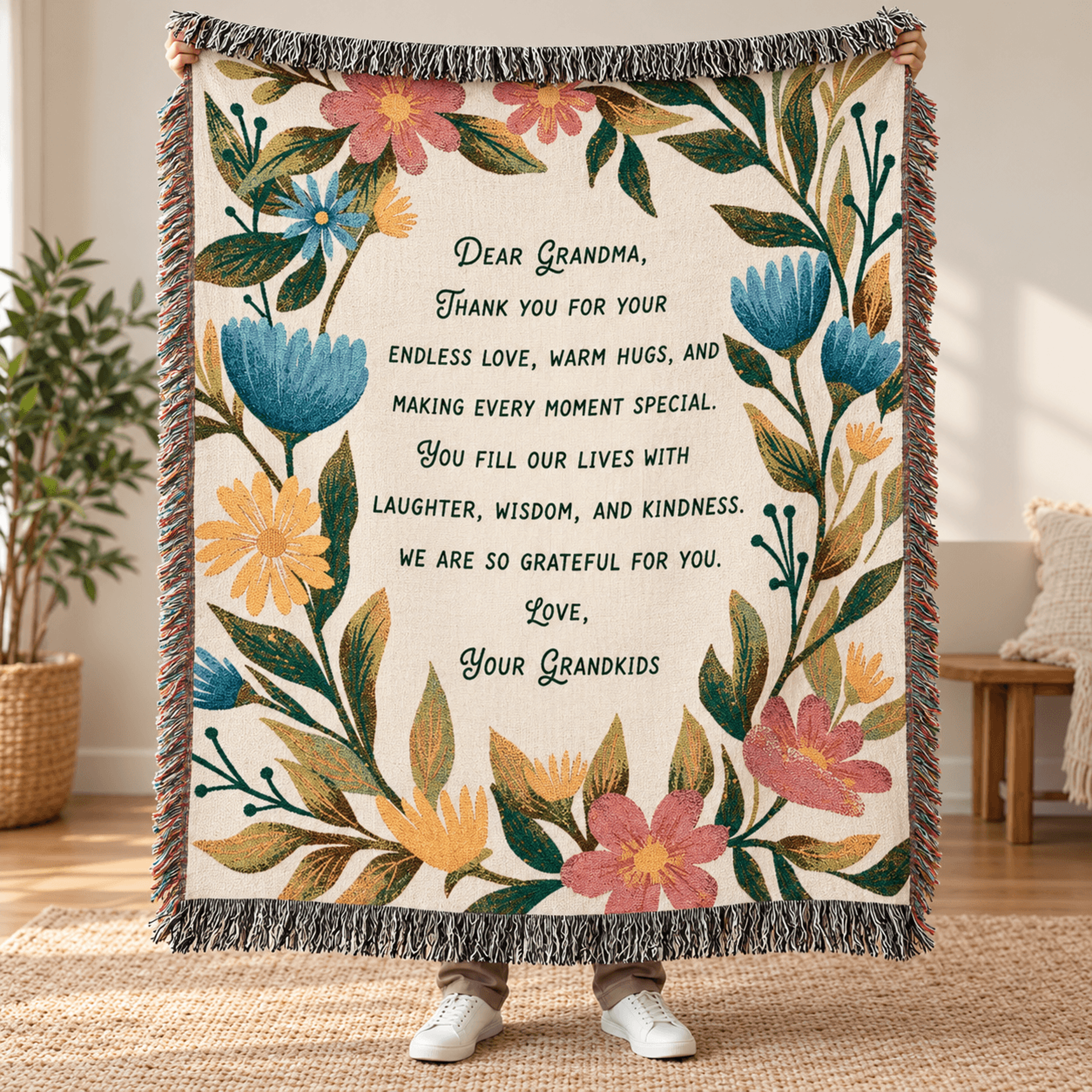grandma woven blanket, thank you grandma floral throw, heartfelt gift from grandkids, grandmother birthday gift, mother