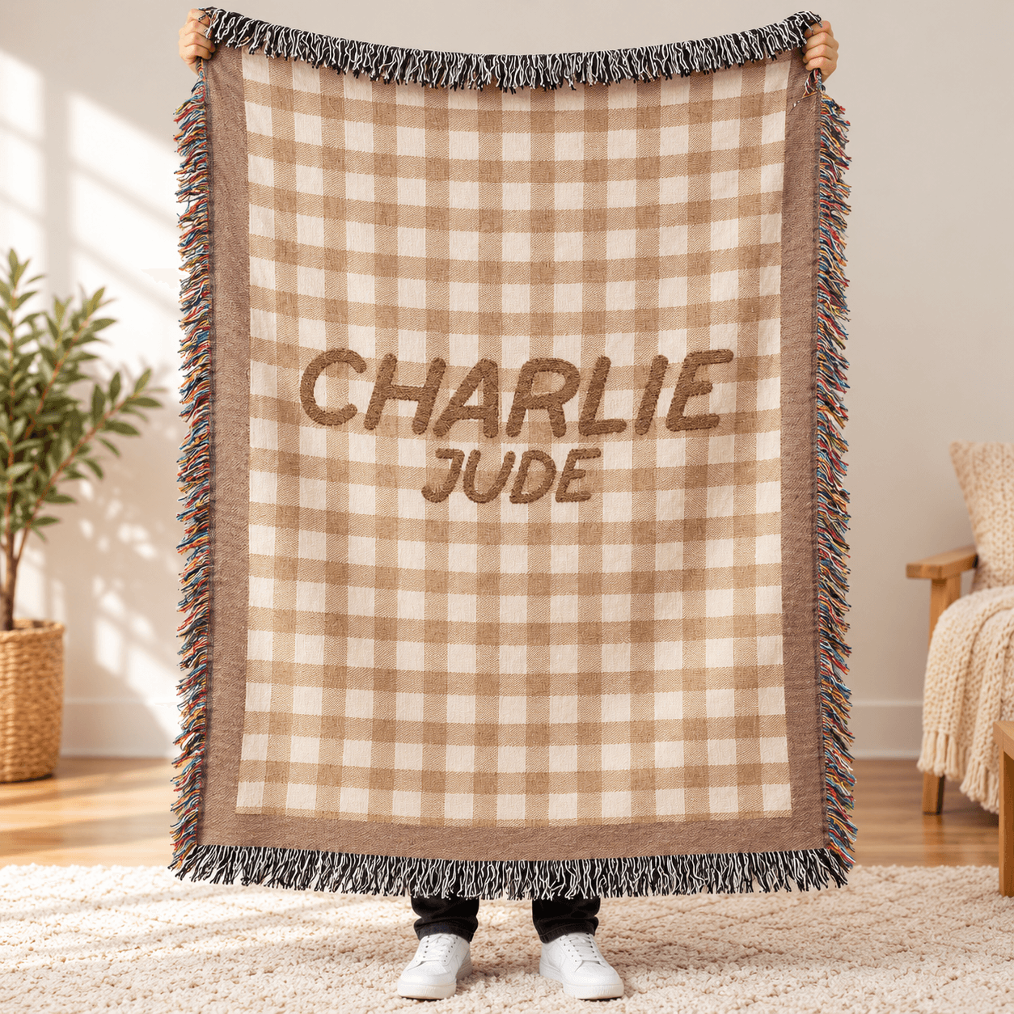 personalized name woven blanket, custom two names gingham plaid throw, neutral checkered blanket, couple gift, wedding