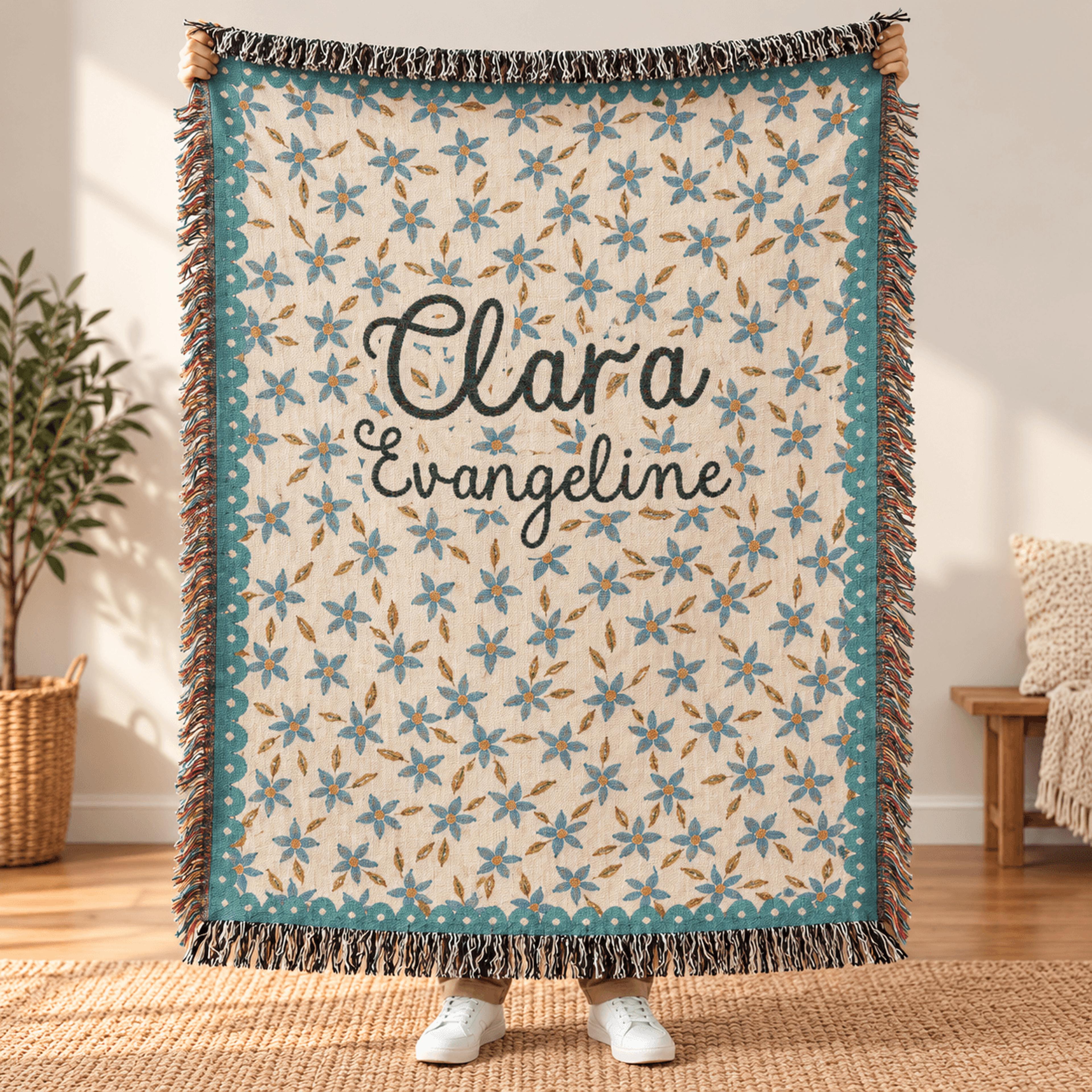 personalized floral woven blanket, custom two names blue daisy throw, cottagecore flower blanket, sisters best friends