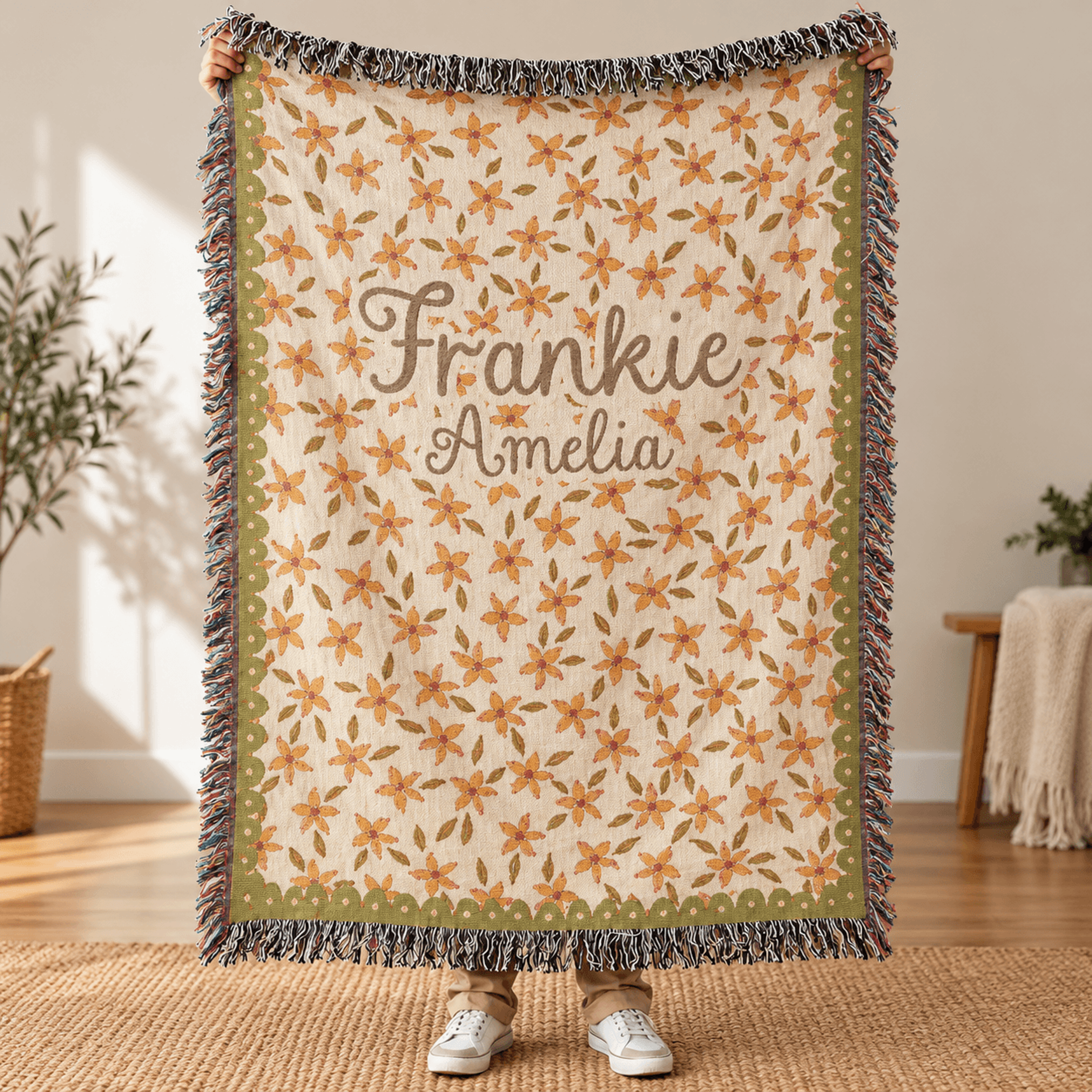 personalized floral woven blanket, custom two names wildflower throw, vintage cottagecore blanket, best friend sister