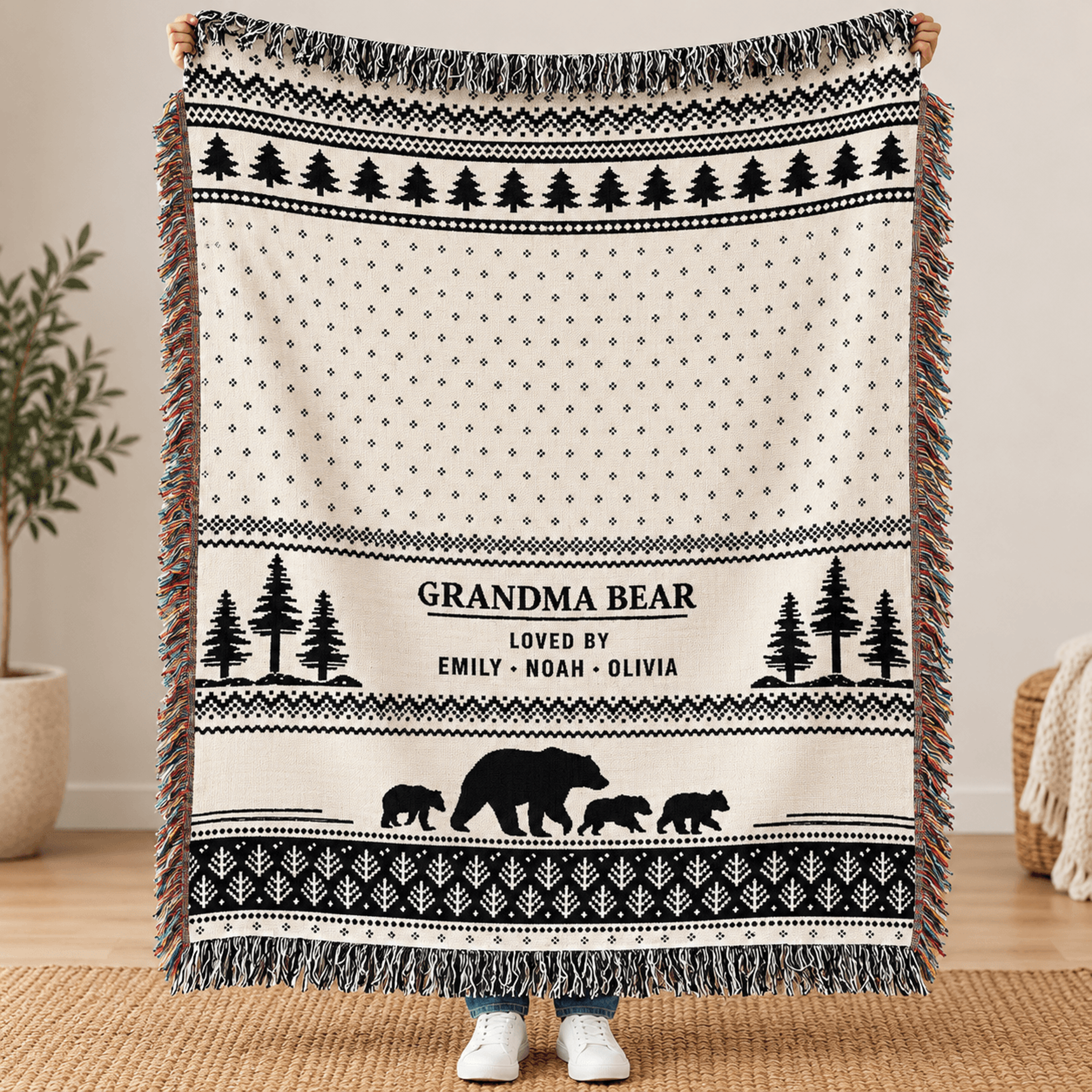 personalized grandma bear woven blanket, custom grandkids names throw, mama bear family gift, christmas gift for grandma