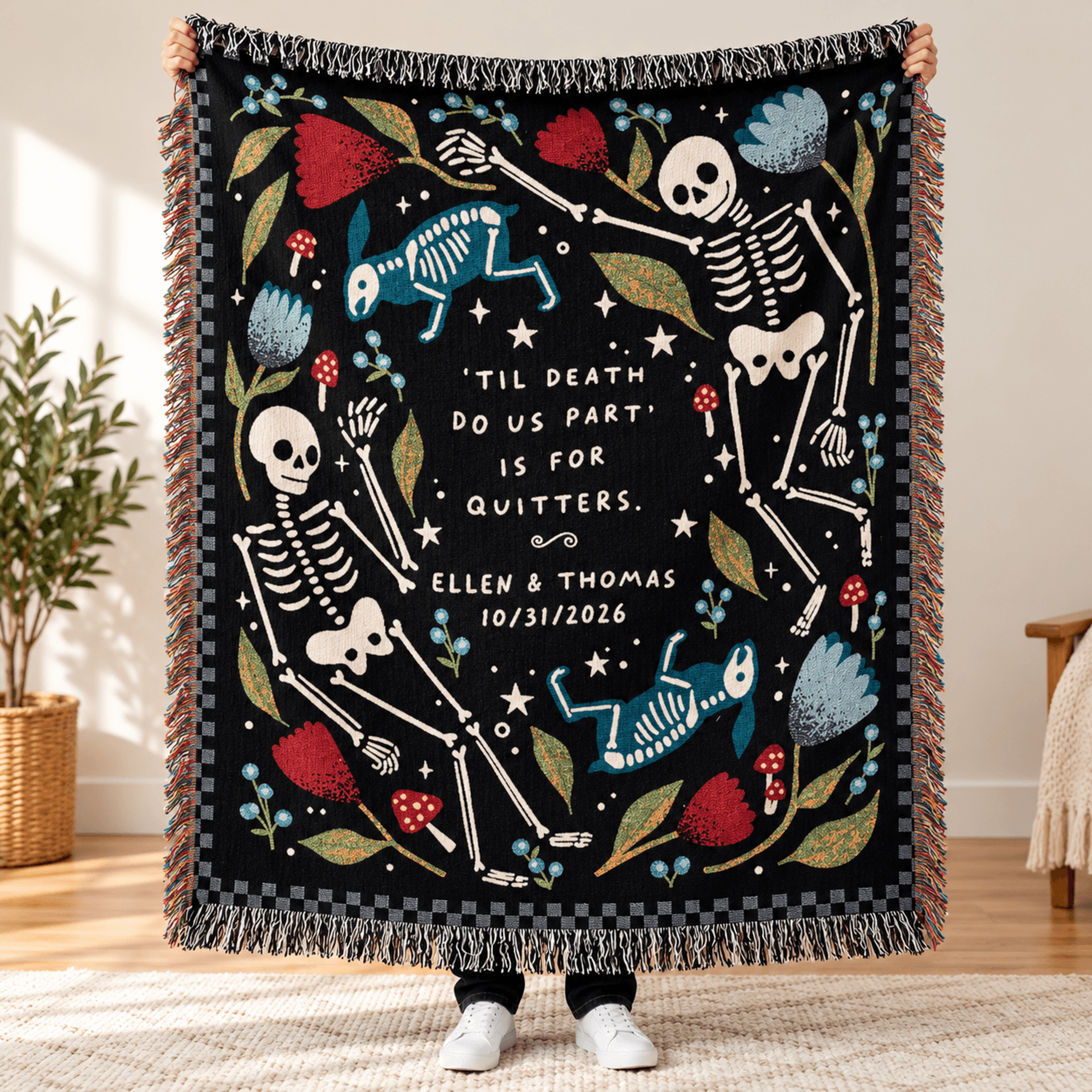 personalized skeleton couple woven blanket, til death do us part halloween throw, custom names date gothic wedding gift