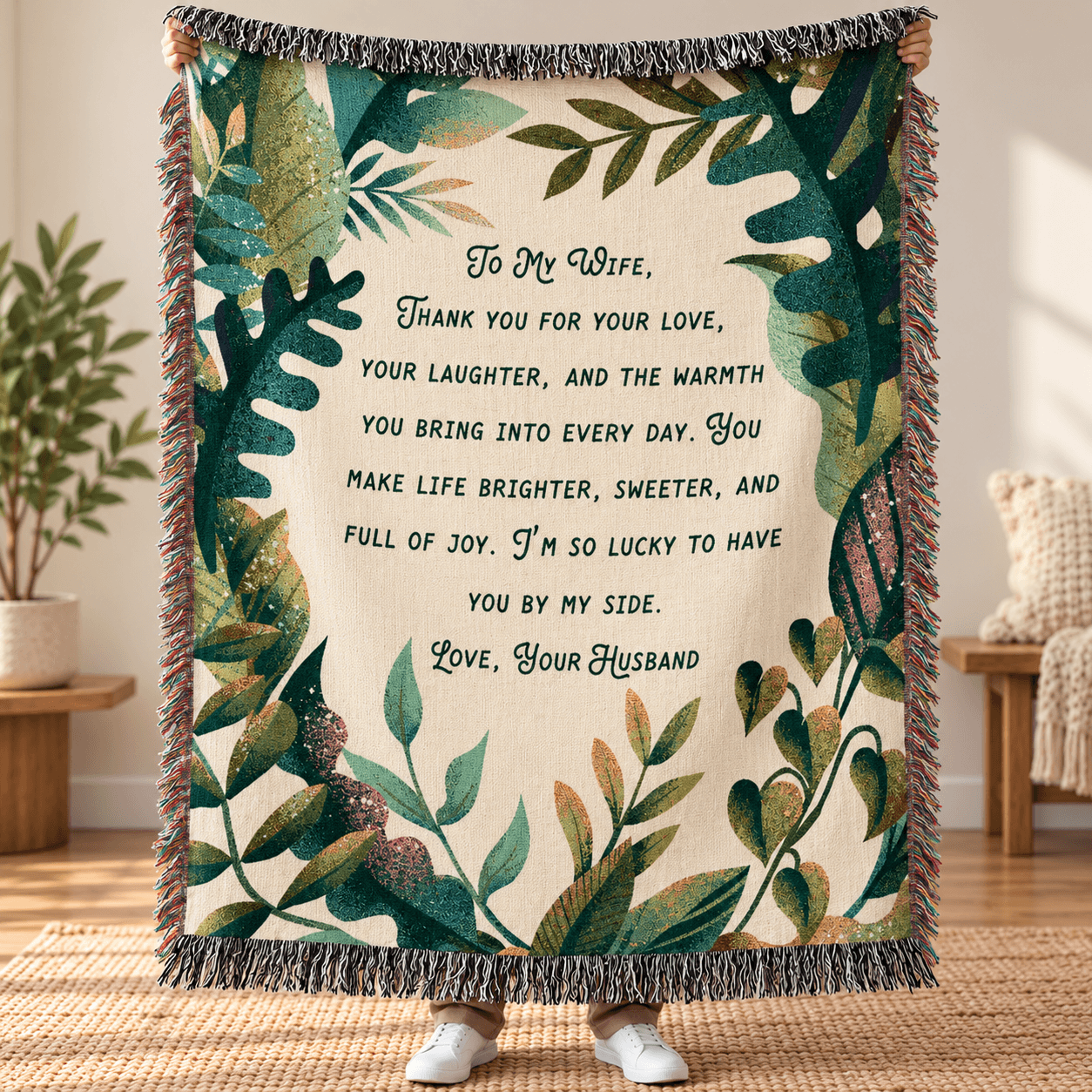to my wife woven blanket, romantic love letter throw from husband, anniversary gift for wife, birthday gift, botanical