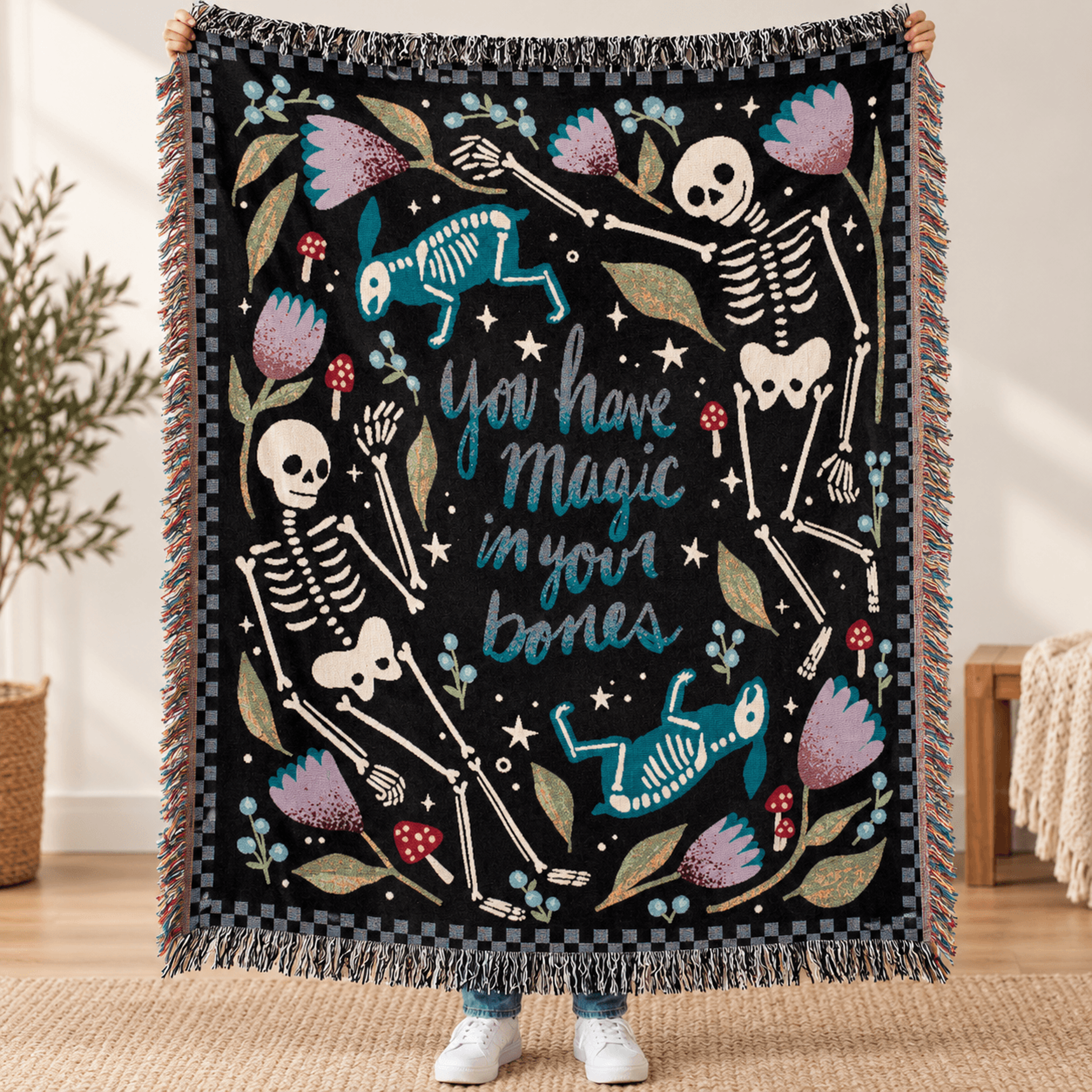 you have magic in your bones woven blanket, whimsical skeleton floral throw, gothic cottagecore decor, spooky gift for