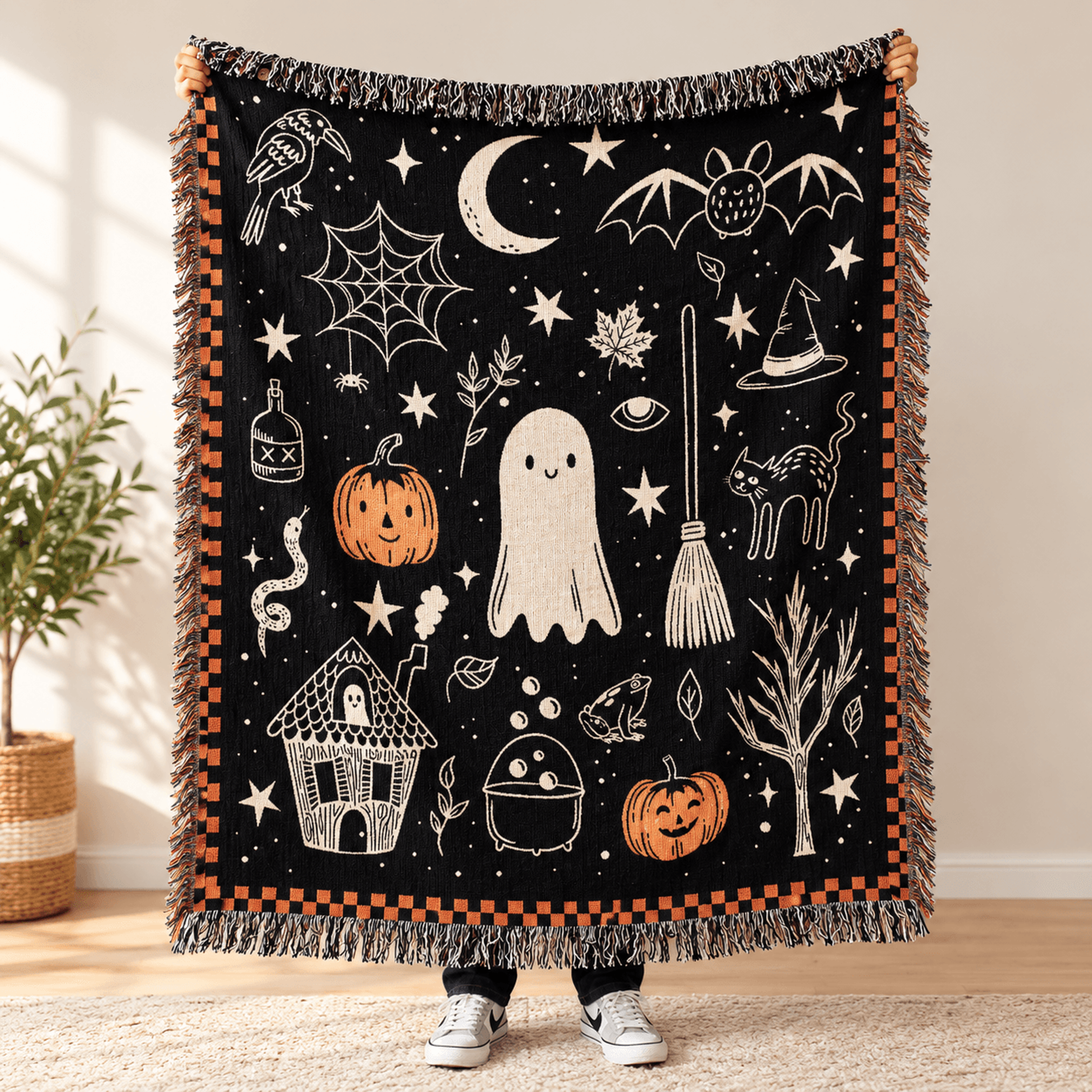 cute halloween woven blanket, spooky ghost pumpkin throw, witchy cottagecore blanket, vintage halloween decor, fall gift