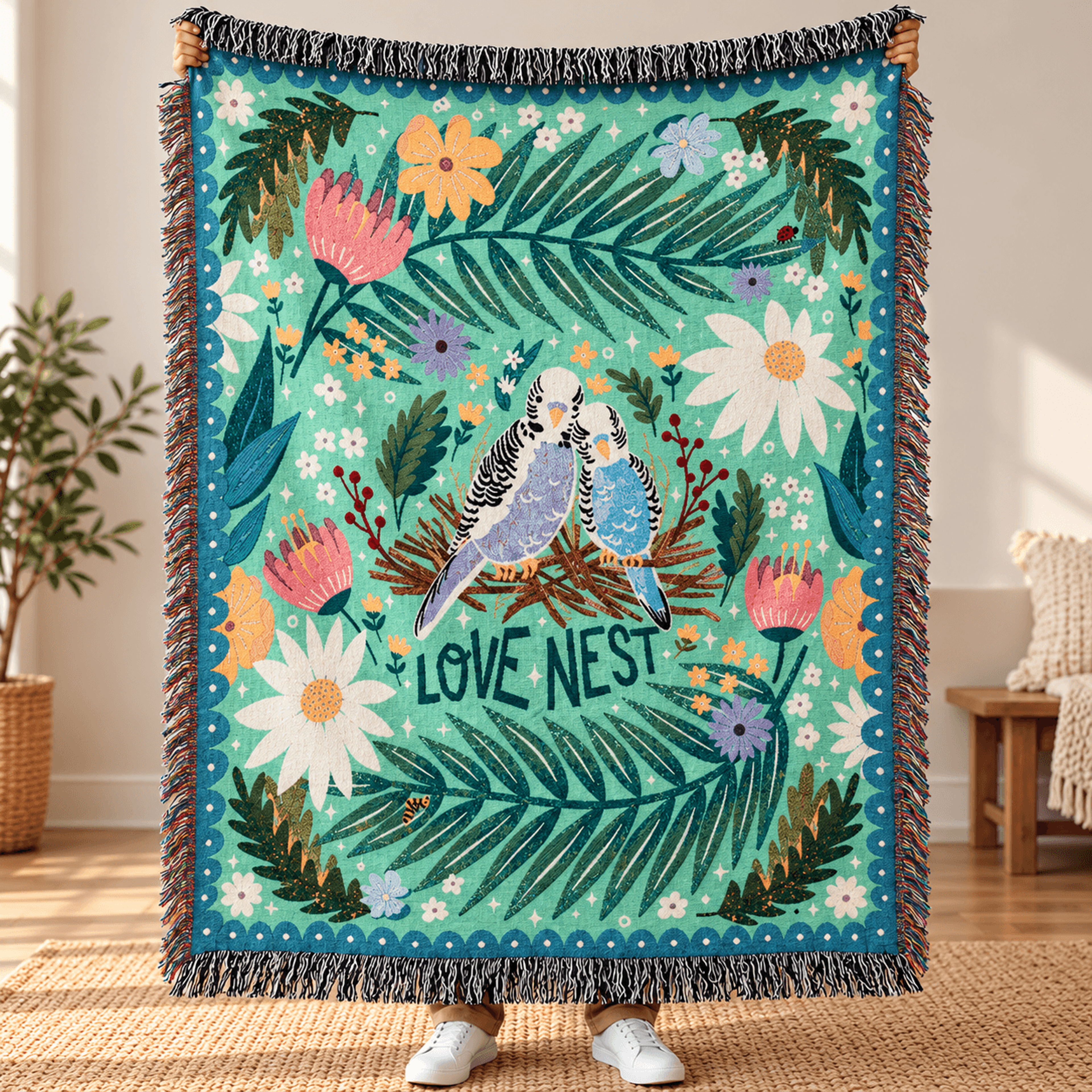 love nest woven blanket, cute budgie couple bird throw, tropical floral blanket, romantic lovebirds gift, cottagecore