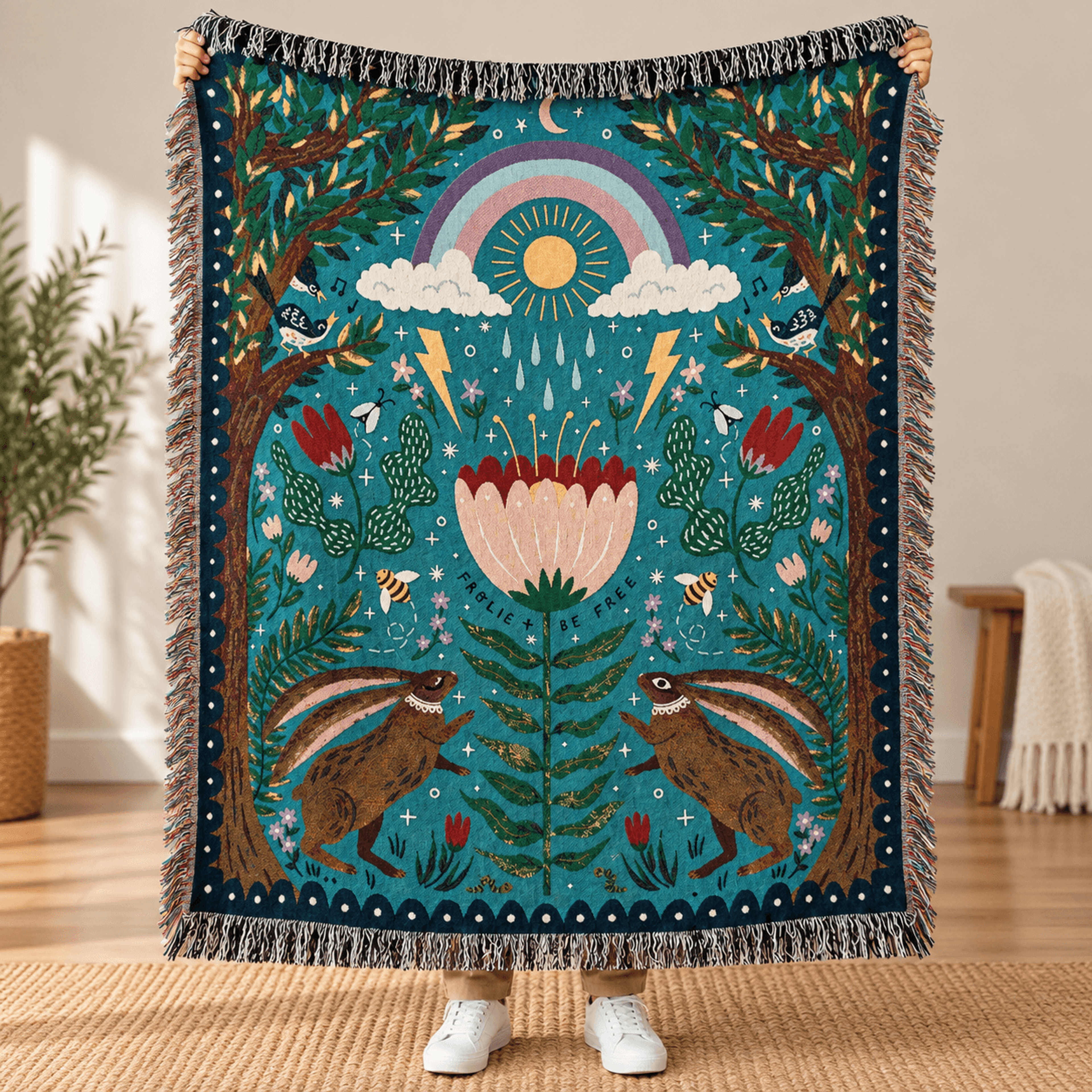 free to be wild woven blanket, whimsical rabbit and rainbow throw, folk art floral blanket, cottagecore nature lover