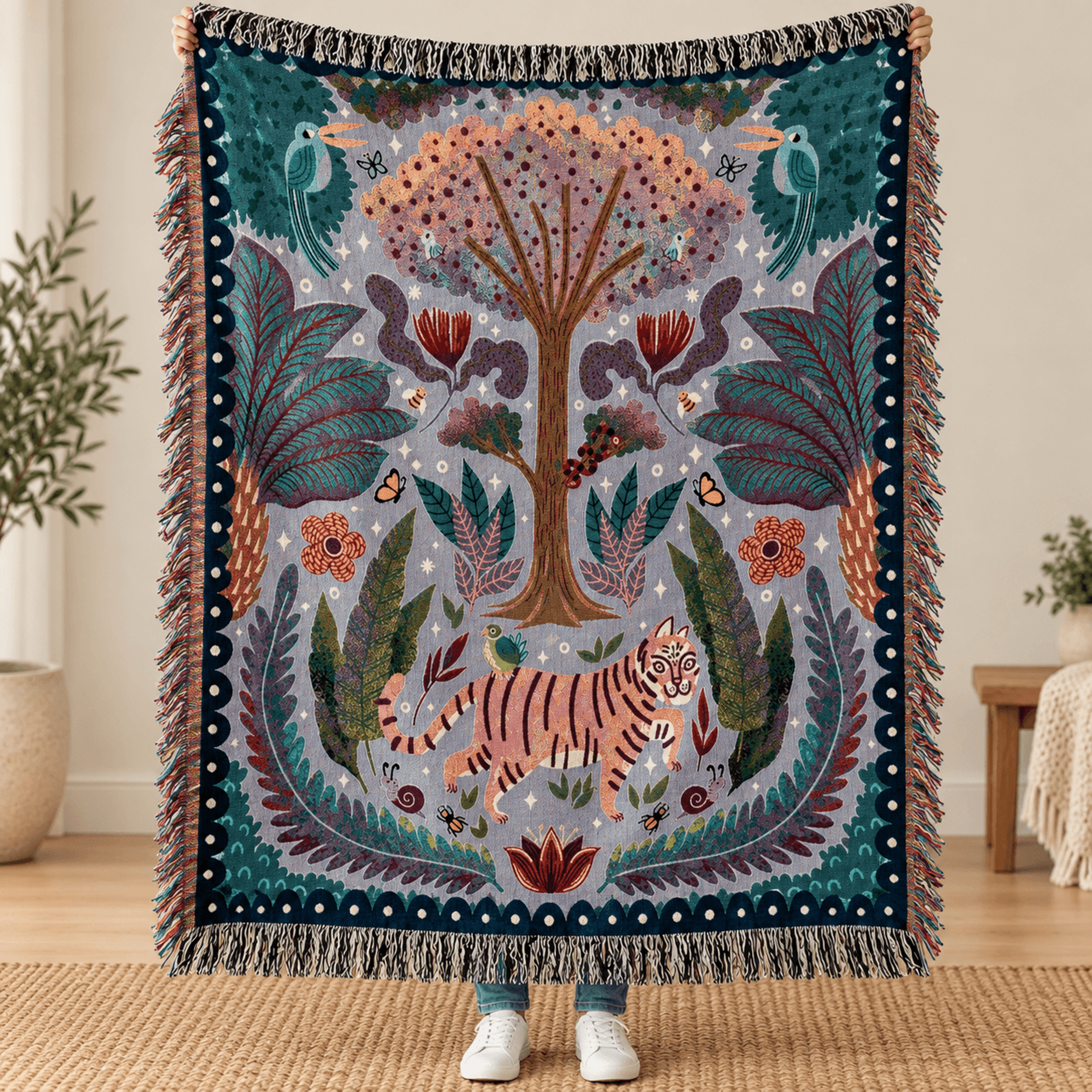 whimsical tiger woven blanket, tropical jungle wildlife throw, colorful folk art forest blanket, botanical animal lover