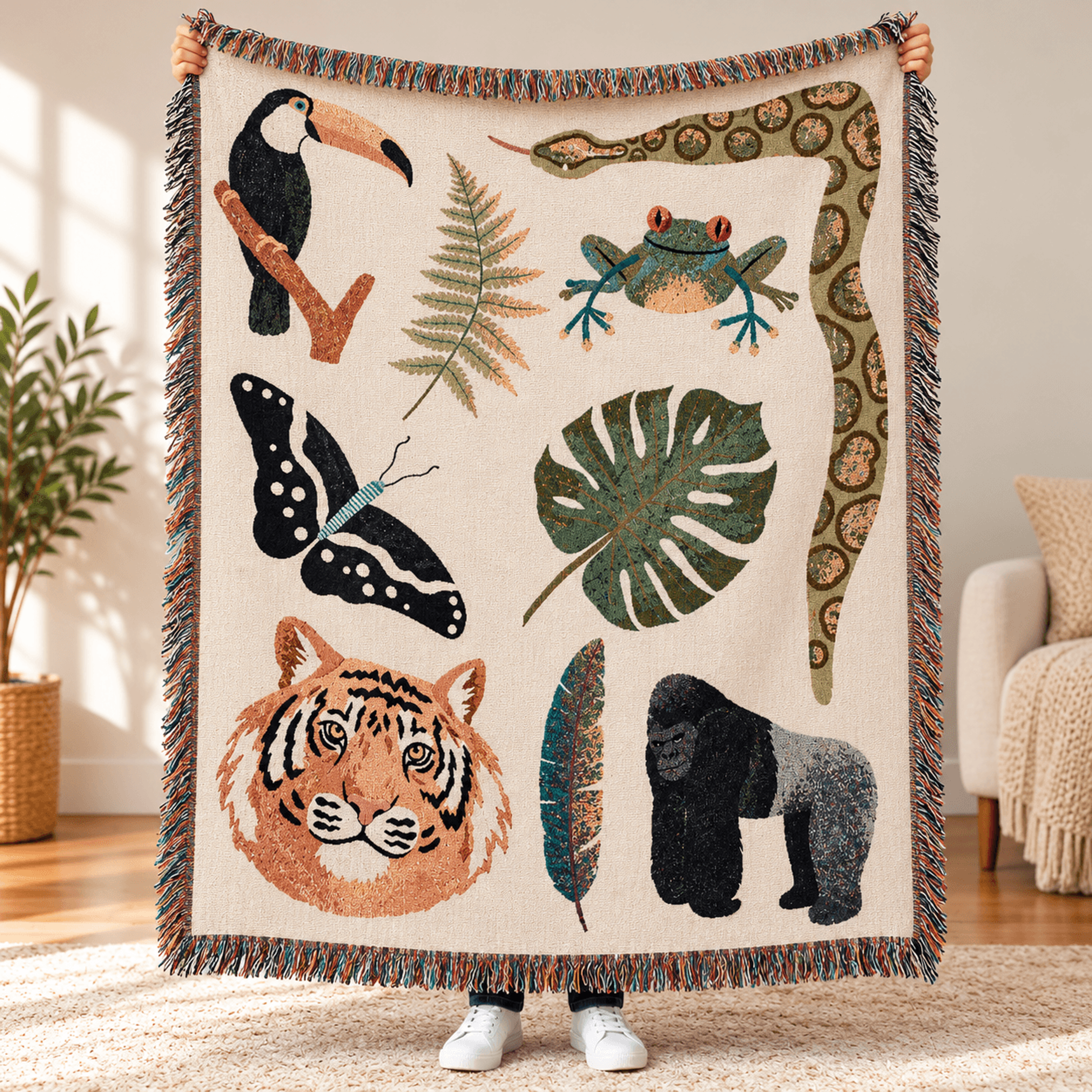 tropical jungle animals woven blanket, safari wildlife throw with tiger gorilla toucan frog snake, botanical nature love