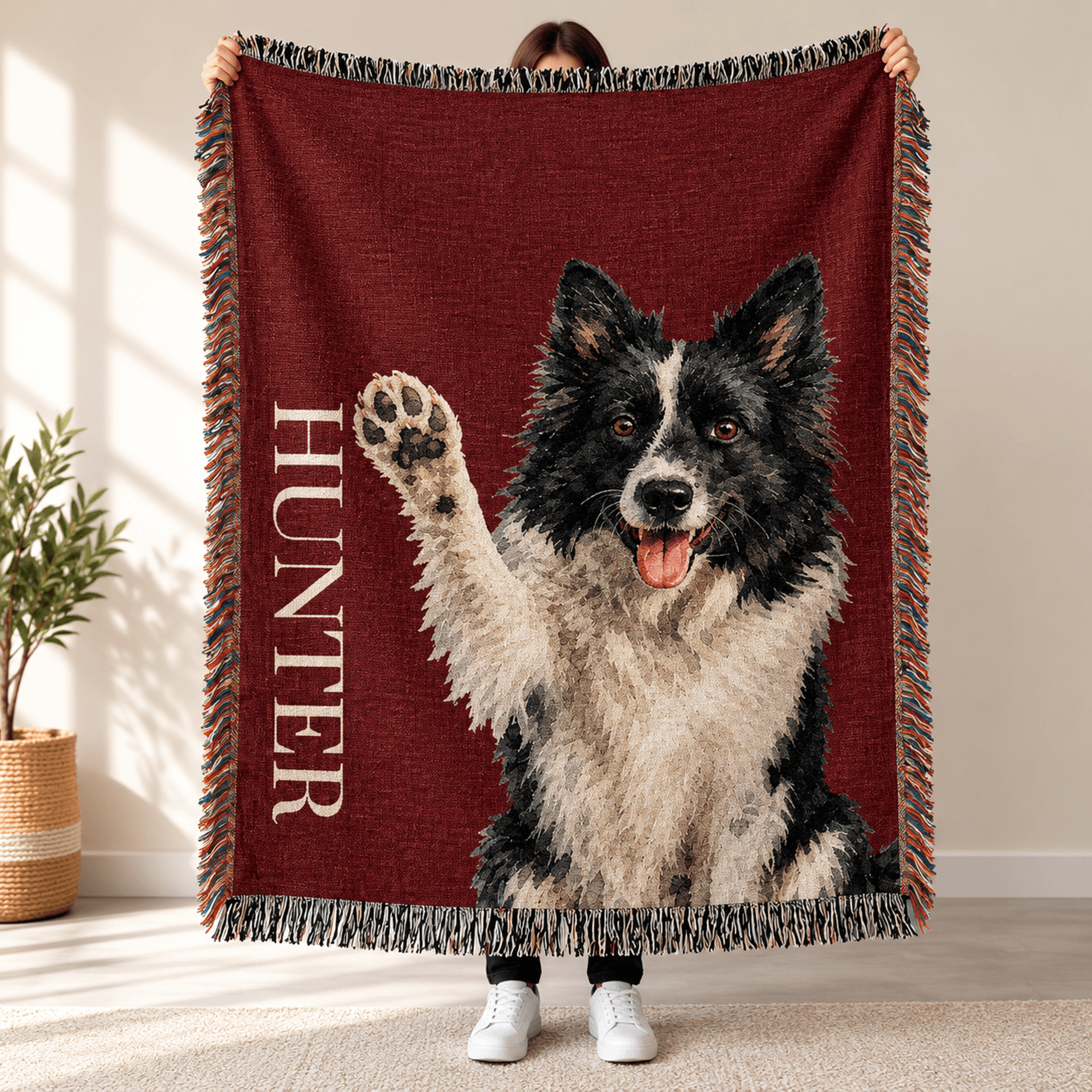 personalized border collie woven blanket, custom dog name throw, cute waving puppy portrait, dog lover gift, pet