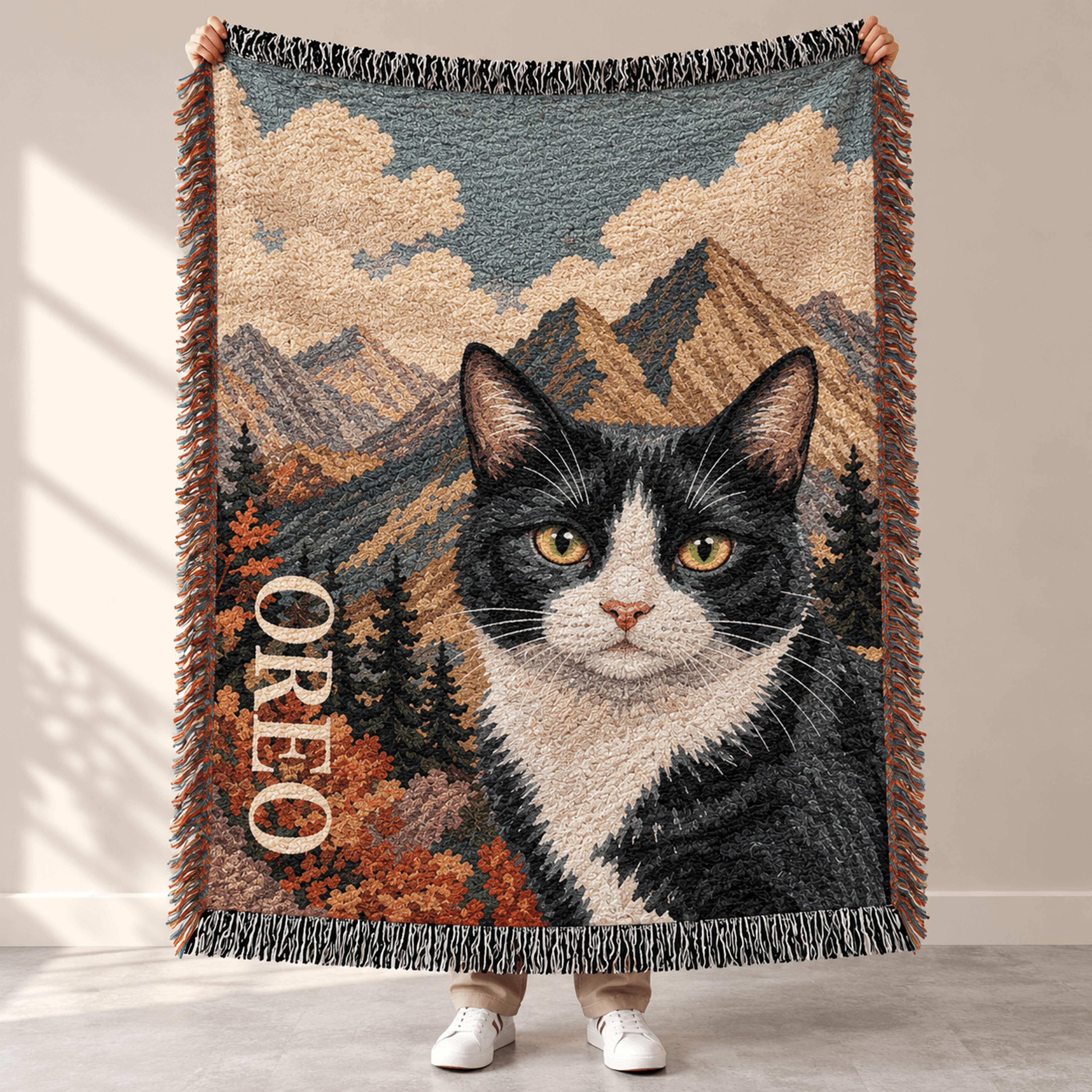 personalized tuxedo cat woven blanket, custom cat name throw, mountain landscape cat portrait, cat lover gift, pet