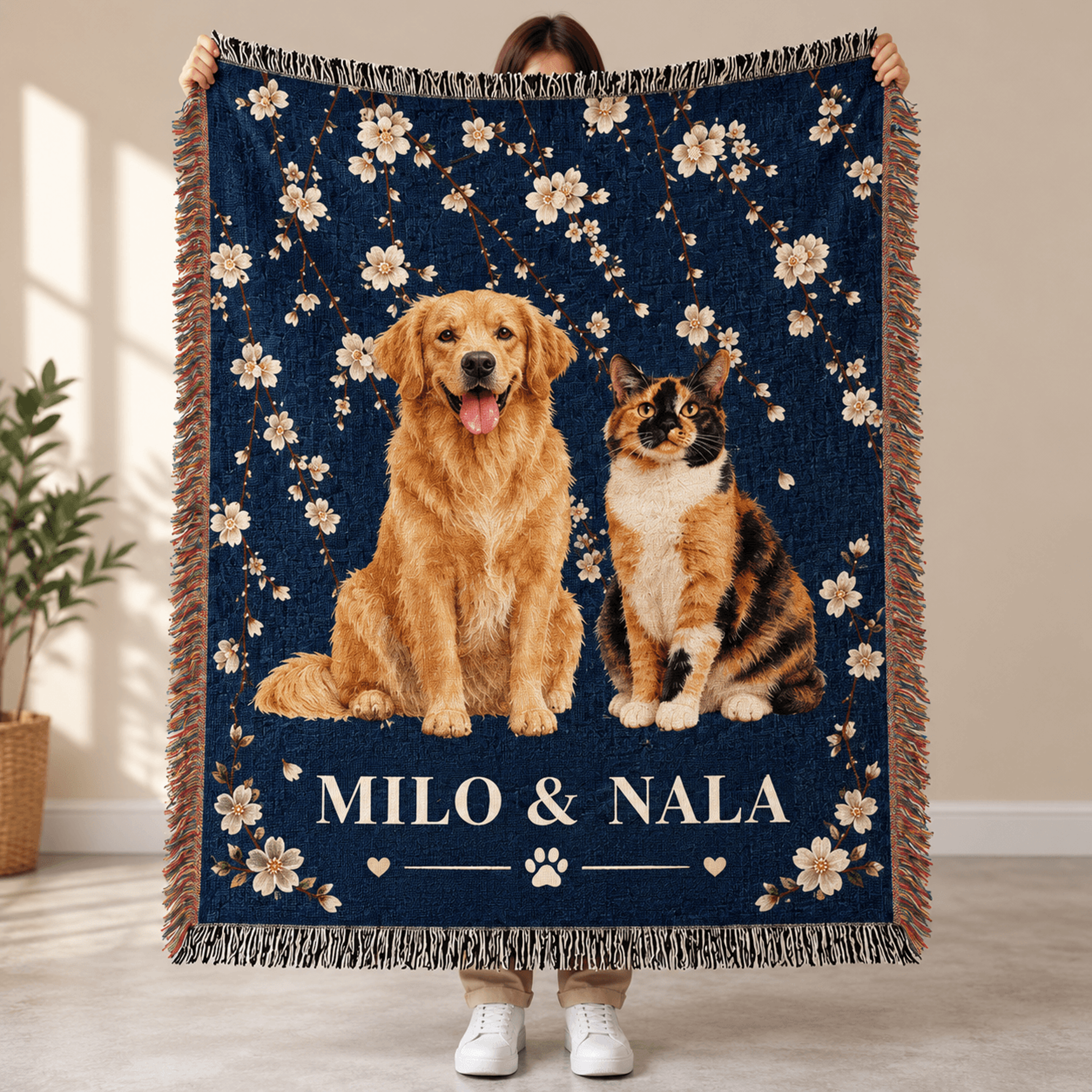 personalized dog and cat woven blanket, custom two pet names throw, golden retriever and calico cat gift, pet lover