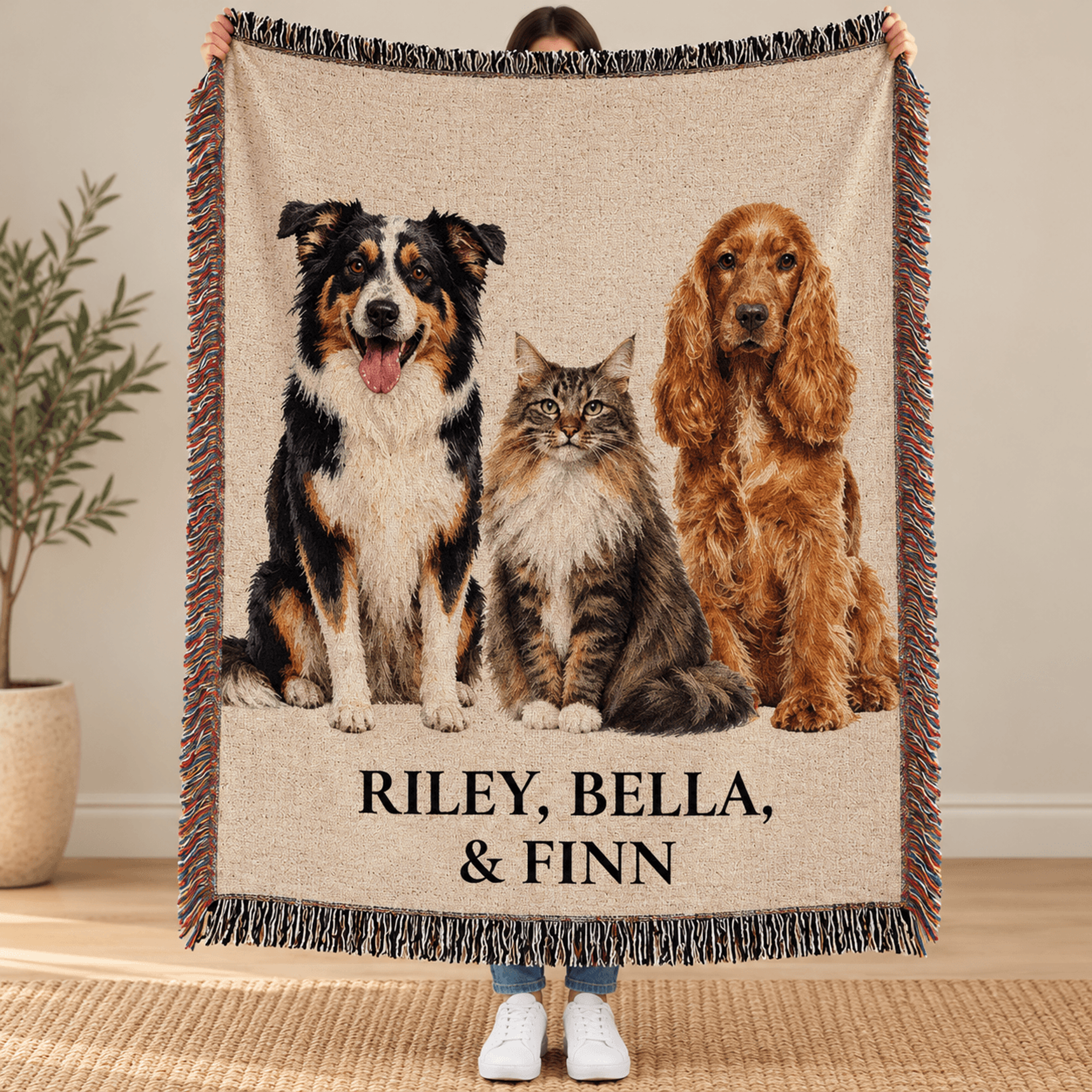 personalized three pet woven blanket, custom 2 dogs and cat name throw, australian shepherd cocker spaniel pet lover