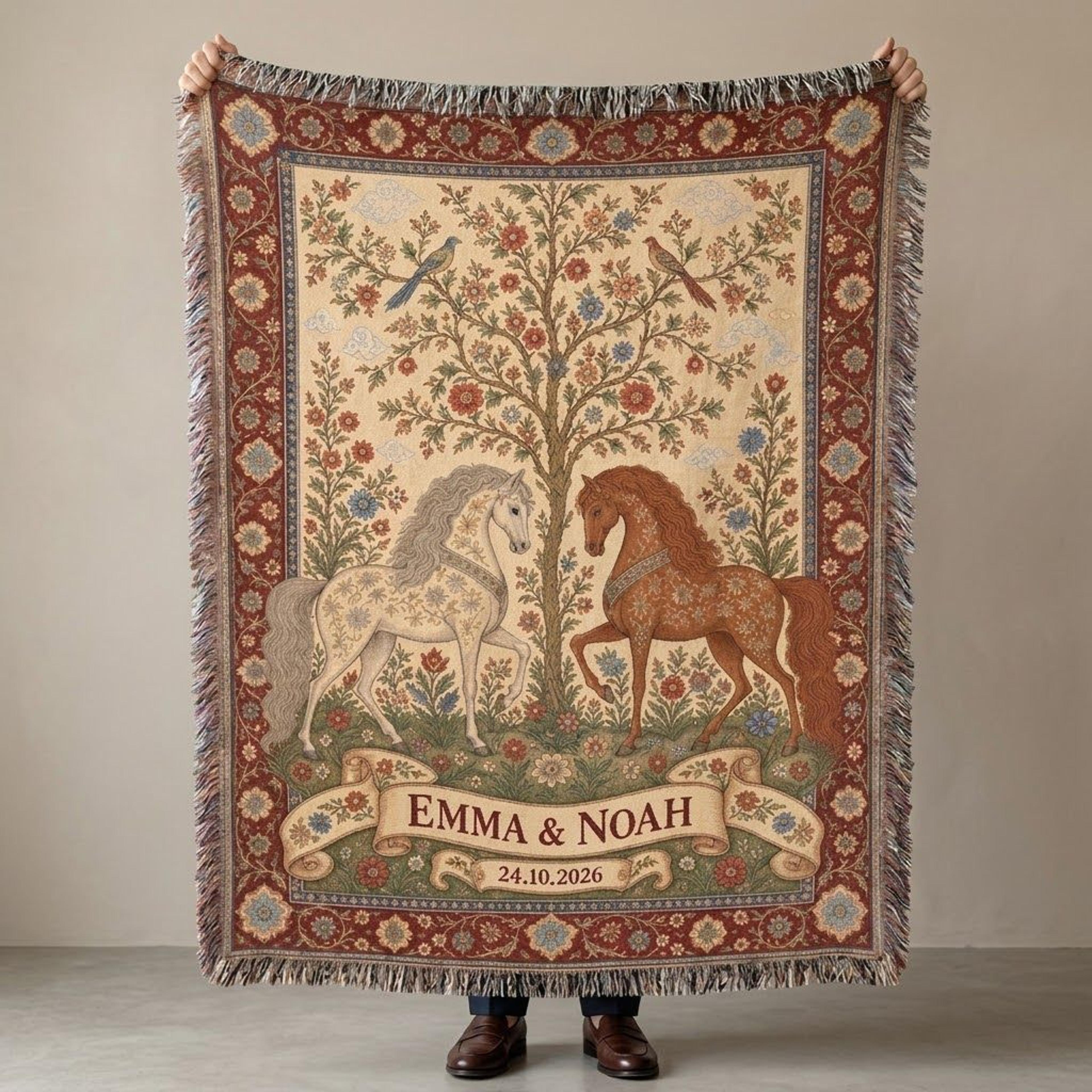 personalized medieval horse woven blanket, custom couple names and date throw, vintage floral tapestry, romantic wedding