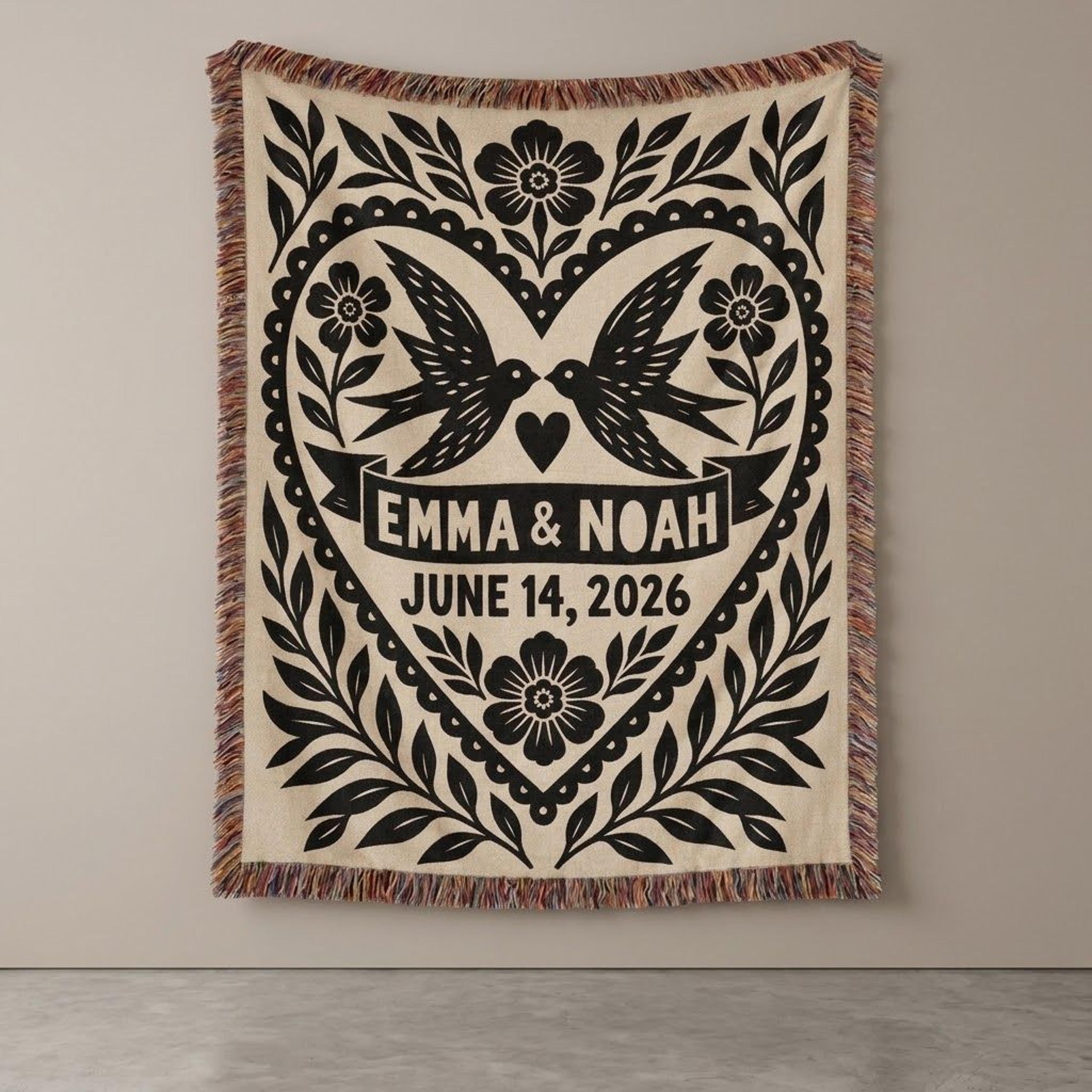 personalized love birds woven blanket, custom couple names and wedding date throw, folk art heart, romantic anniversary