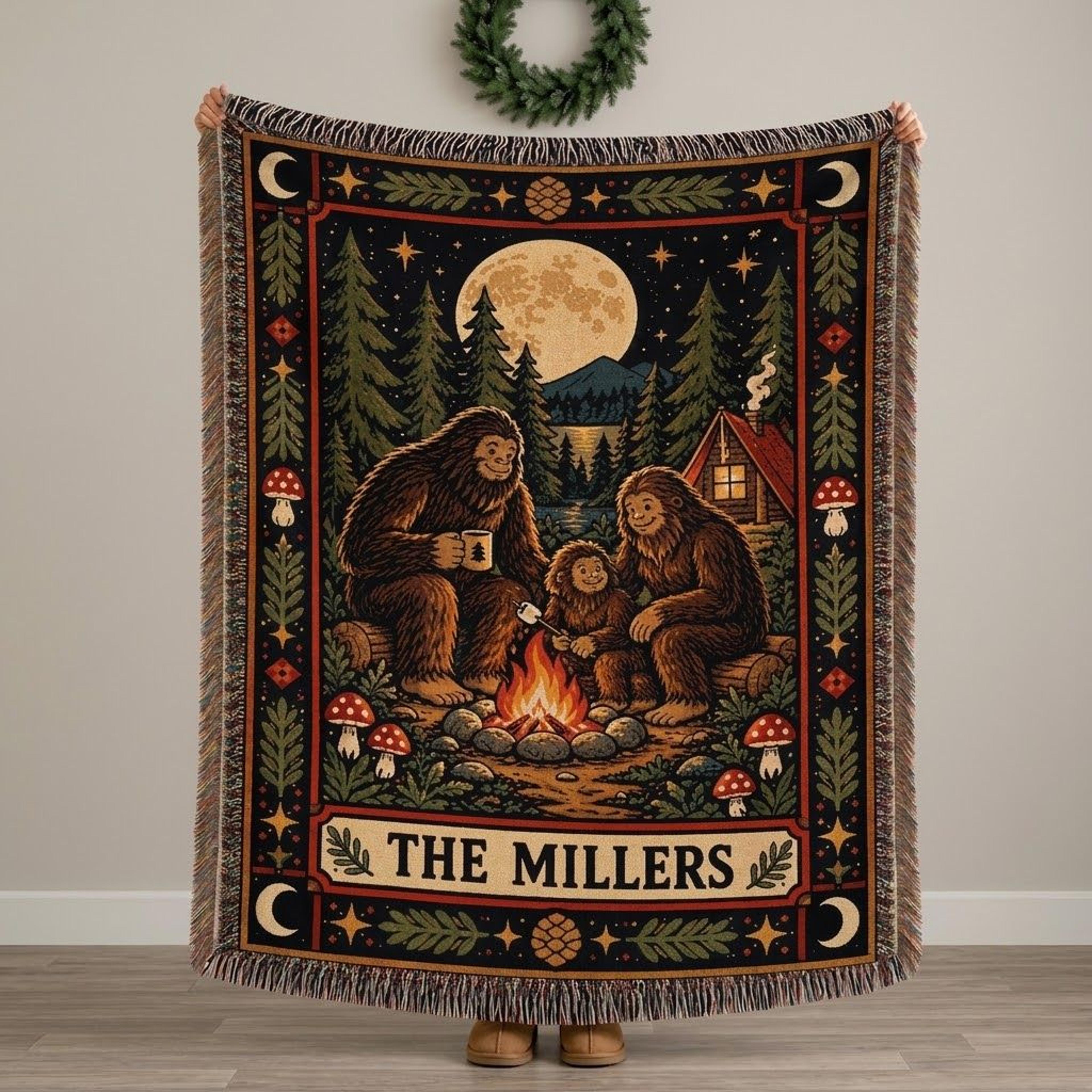 personalized bigfoot family woven blanket, custom family name sasquatch throw, woodland camping decor, cozy cabin gift