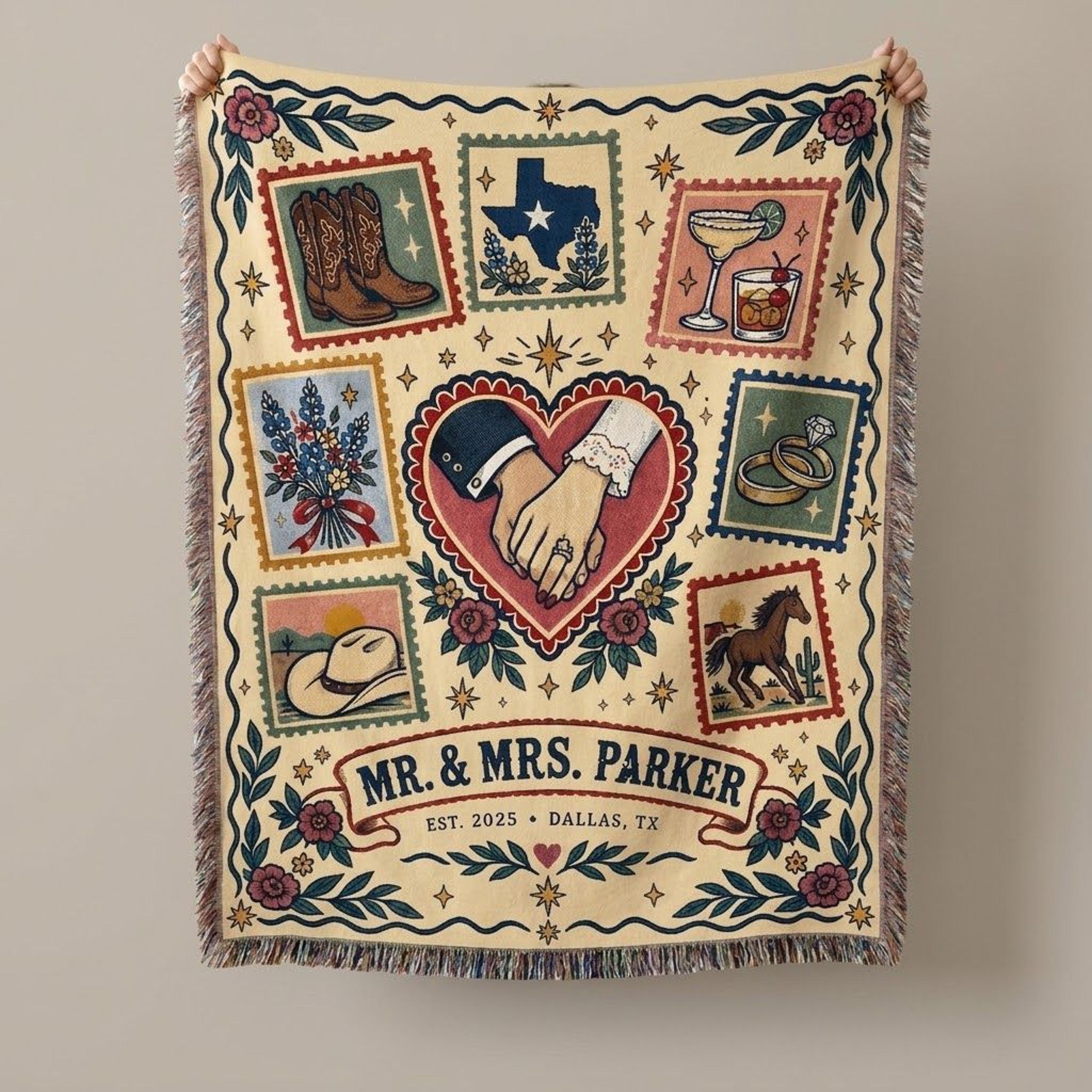 personalized western wedding woven blanket, custom mr and mrs name throw, texas cowboy couple anniversary gift, rustic