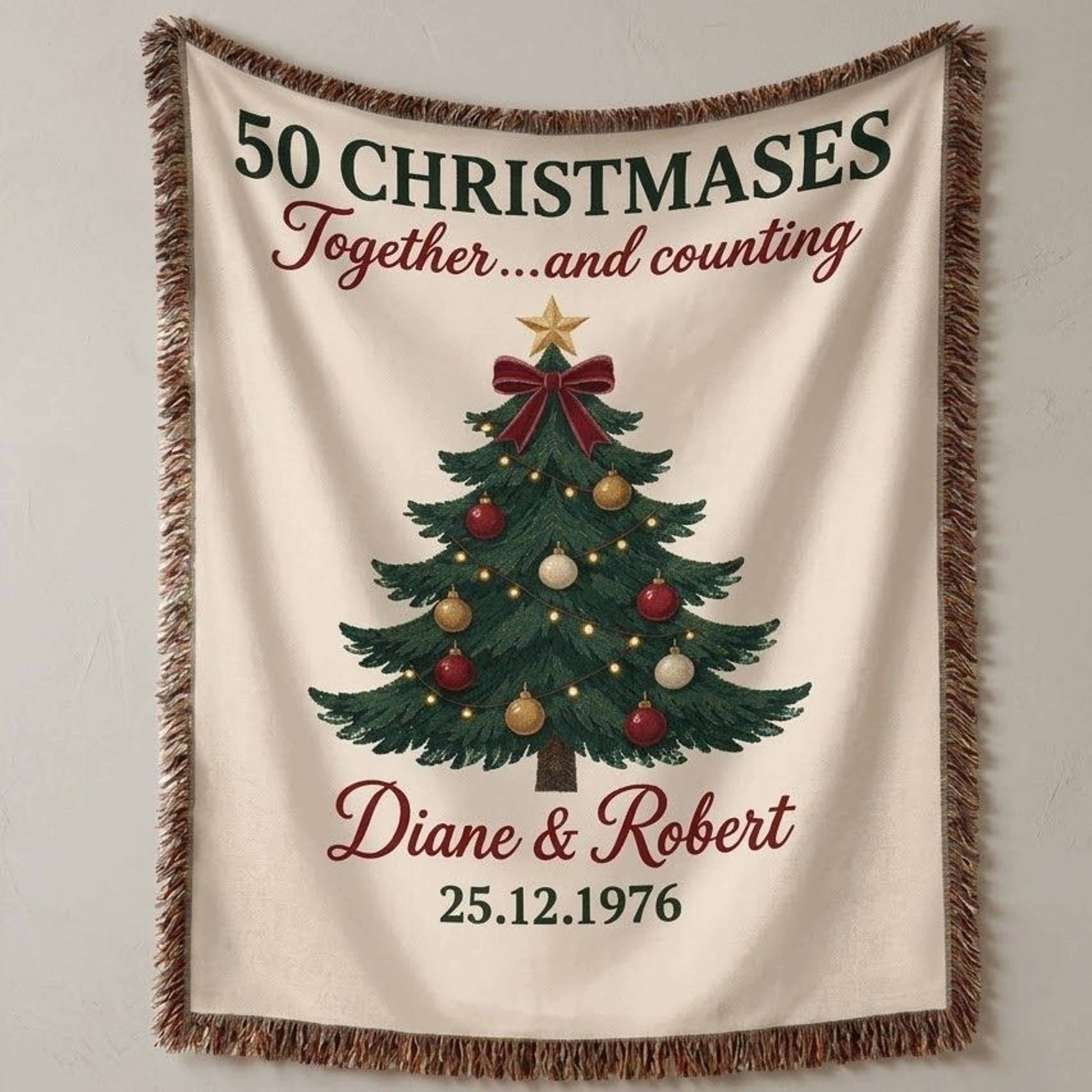 personalized 50 christmases together woven blanket, custom couple names and date, 50th anniversary christmas gift