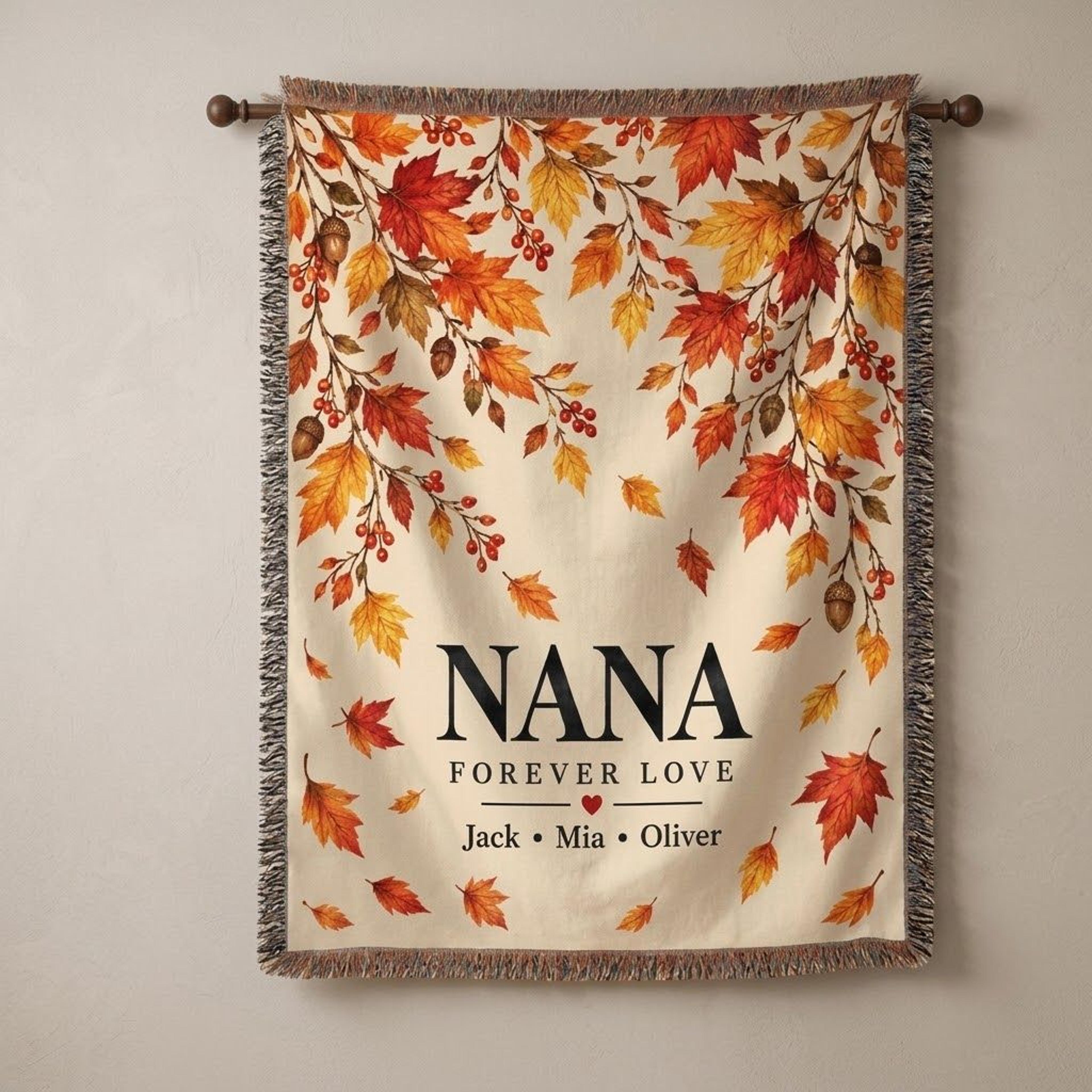personalized nana woven blanket, custom grandkids names, autumn leaves grandma gift, fall floral throw, gift for nana