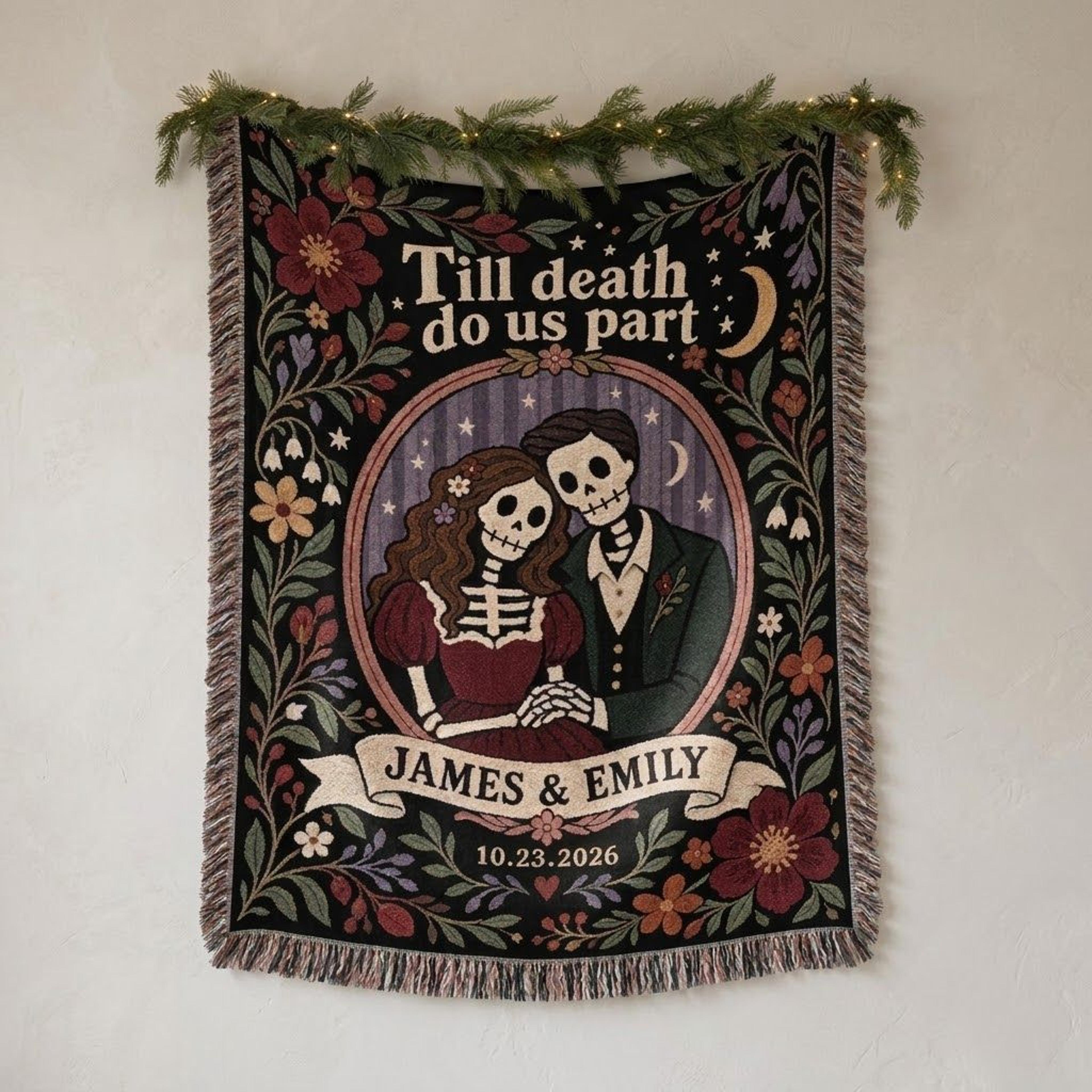 personalized skeleton couple woven blanket, till death do us part gothic wedding gift, custom names date, spooky