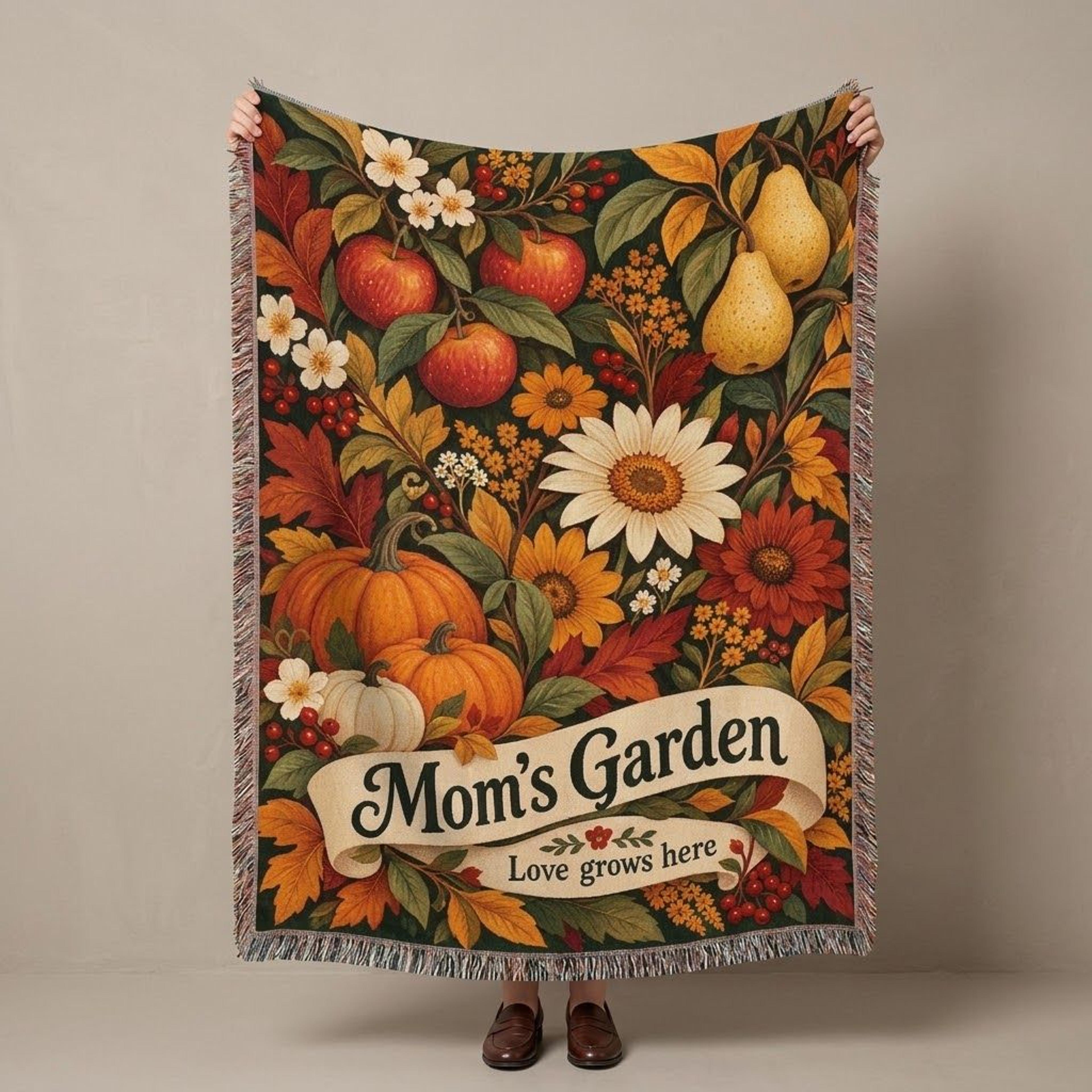 mom's garden woven blanket, autumn floral throw with pumpkins apples and pears, love grows here, fall gift for mom