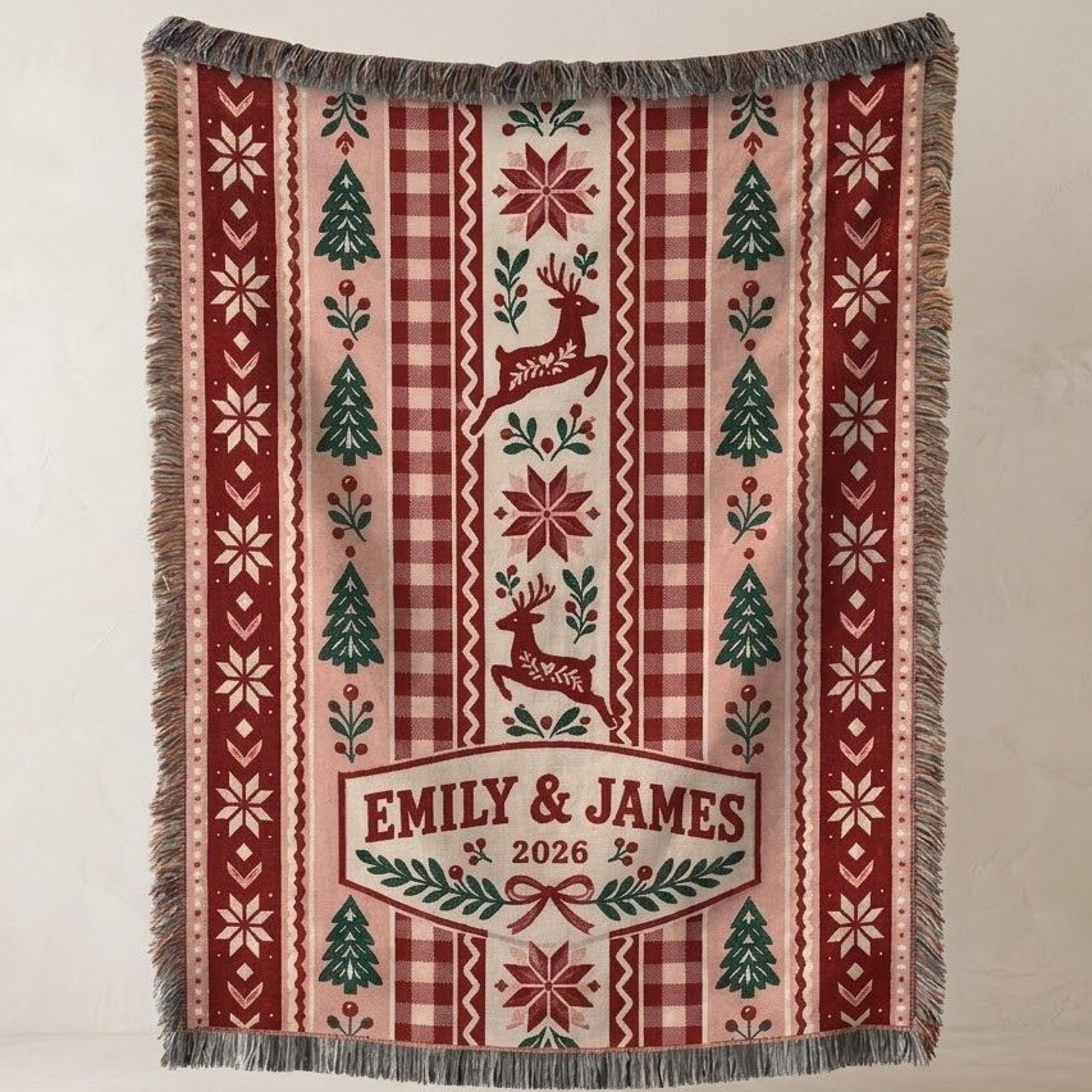 personalized christmas woven blanket, custom couple names and year, nordic reindeer snowflake throw, rustic holiday gift