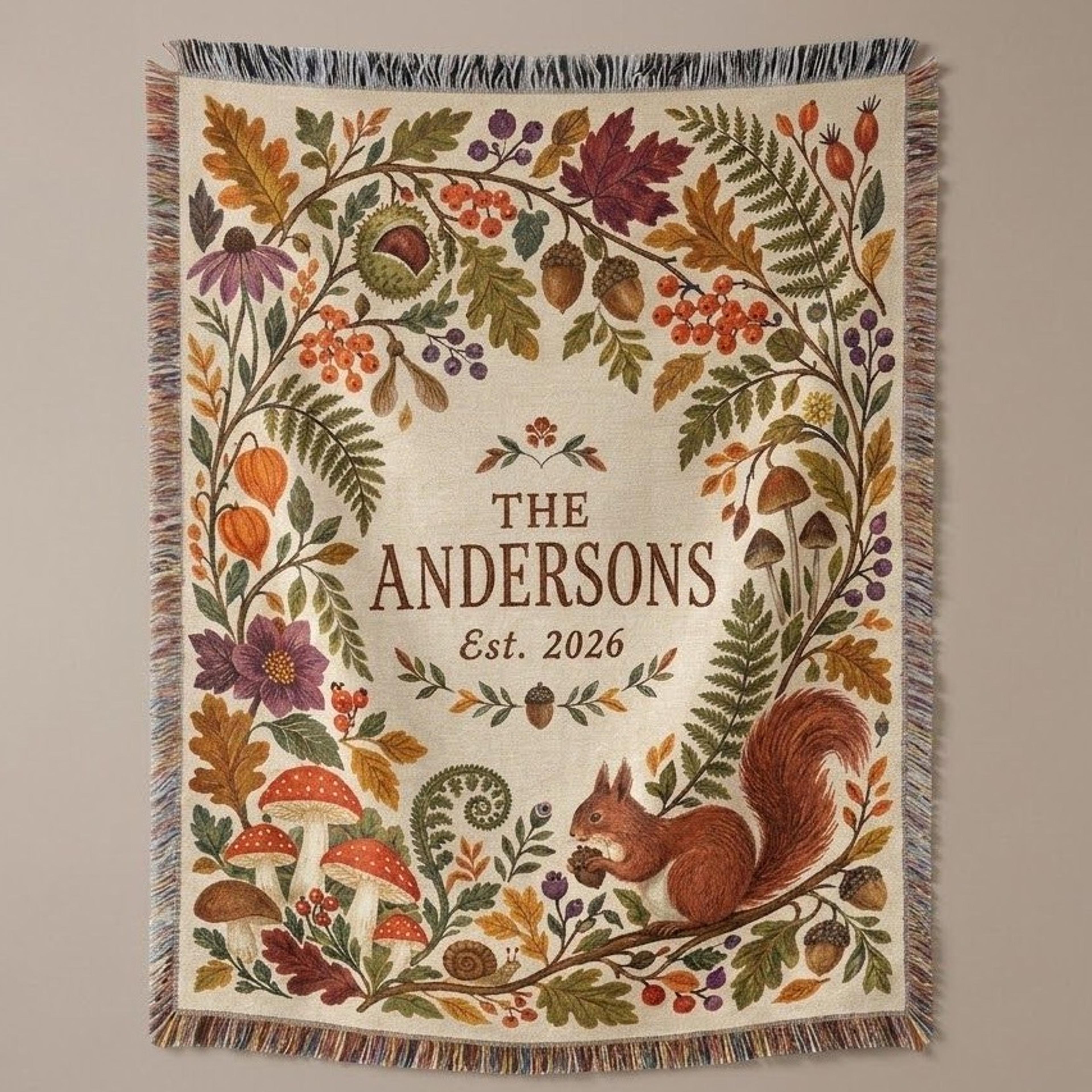 personalized autumn woven blanket, custom family name and established year, woodland squirrel fall floral throw, rustic