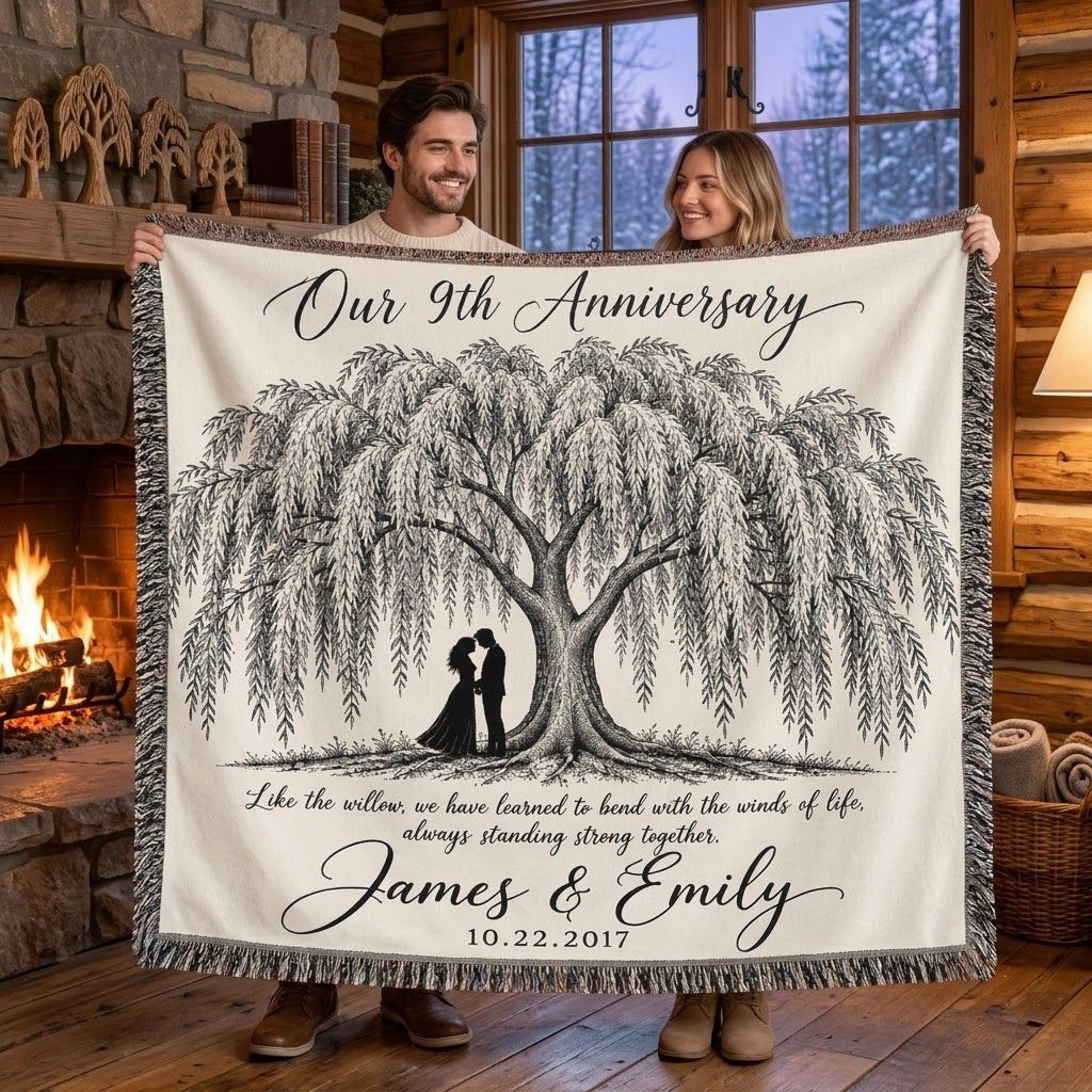 personalized anniversary woven blanket, custom couple names and wedding date, romantic willow tree wedding anniversary