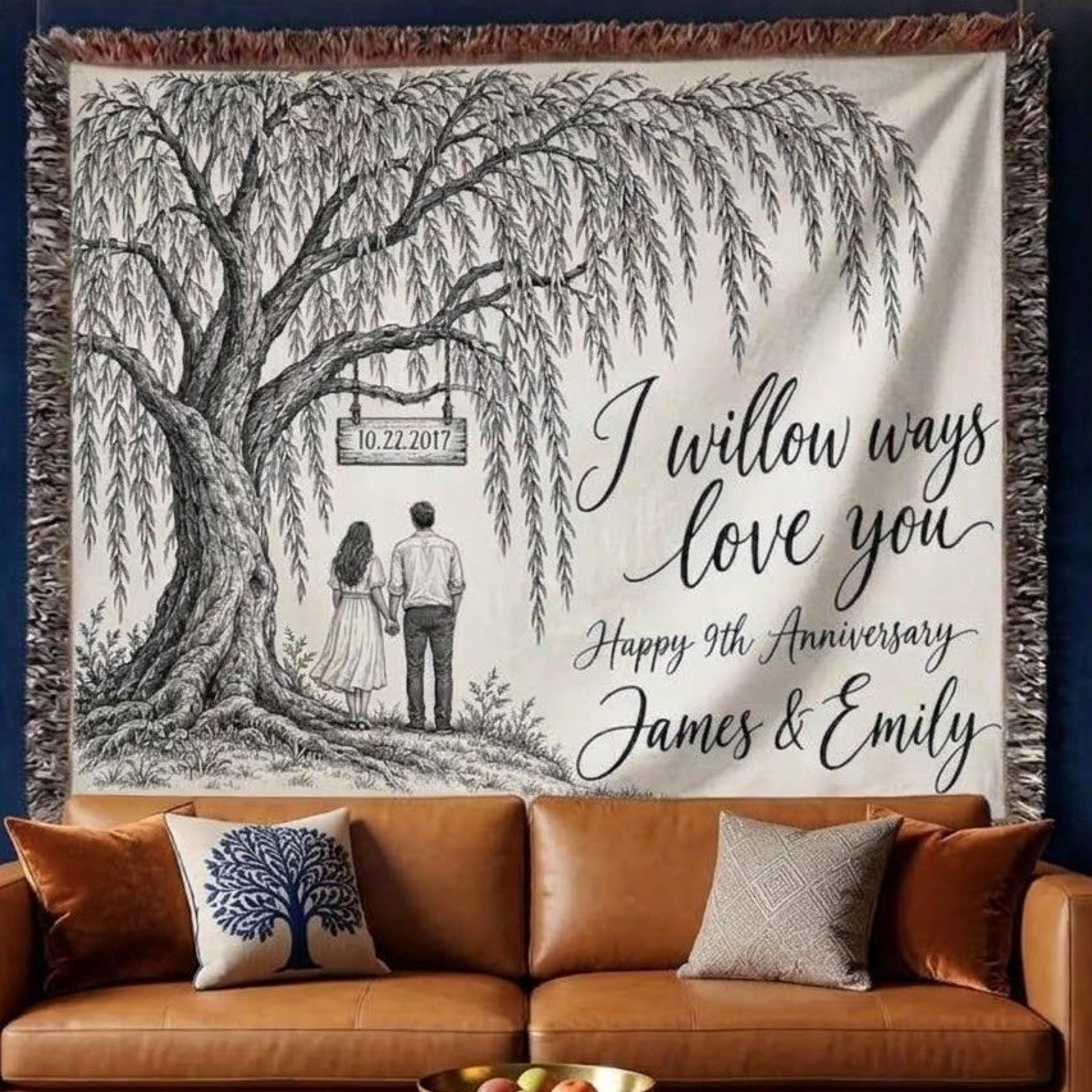 personalized willow tree anniversary woven blanket, custom couple names and date, i willow ways love you romantic gift