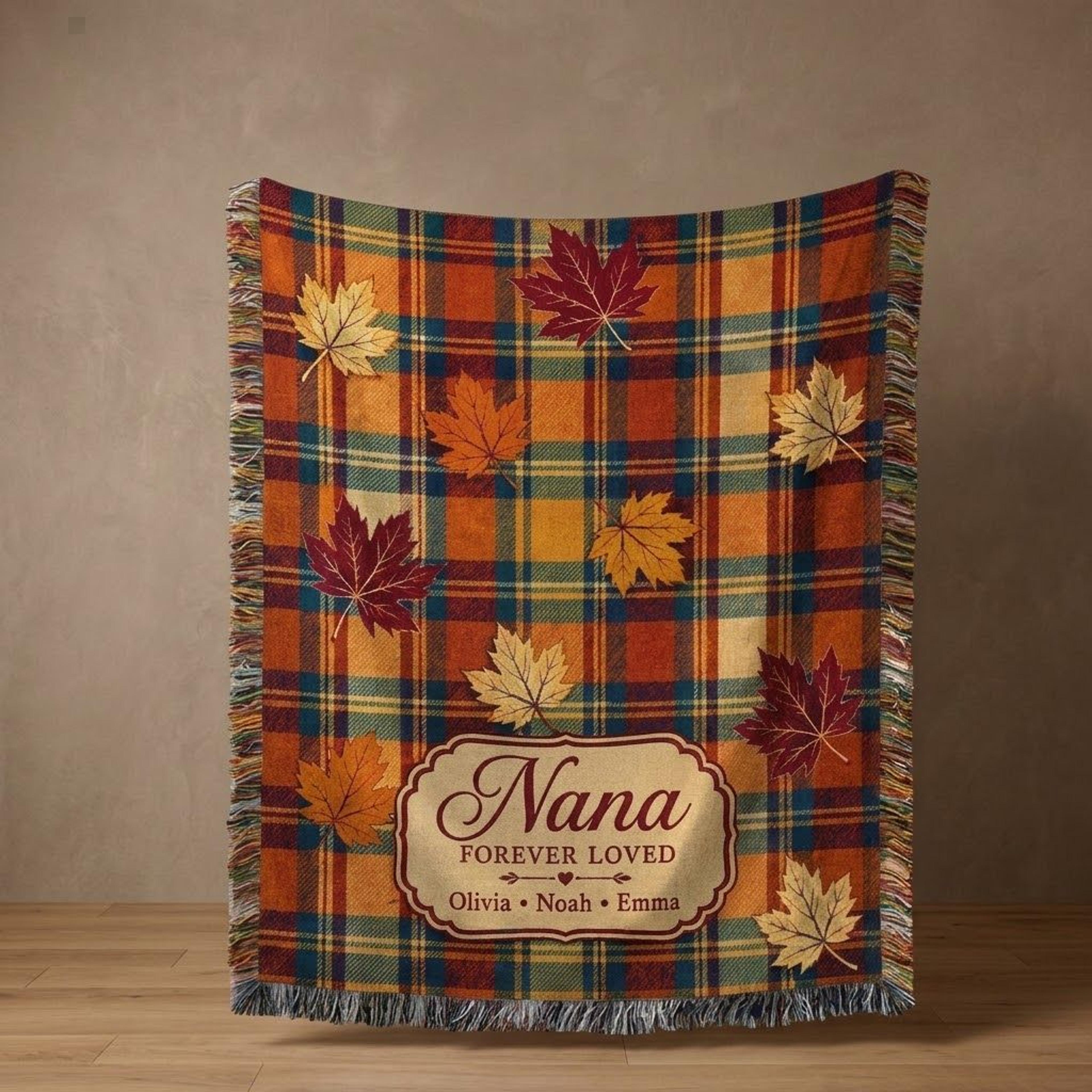 personalized nana woven blanket, custom grandkids names, forever loved grandma gift, autumn plaid maple leaf throw