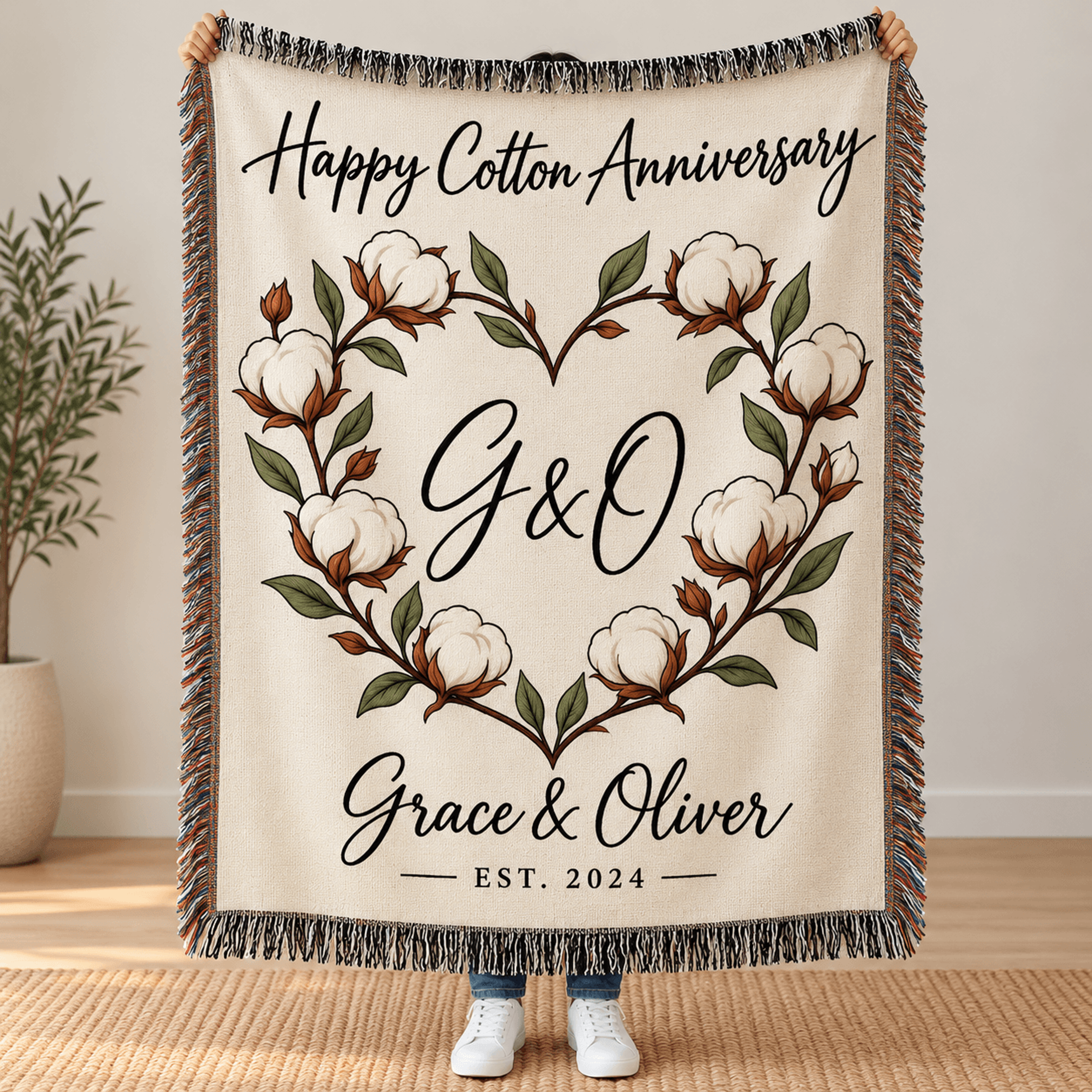 personalized 2nd anniversary woven blanket, custom couple initials cotton floral throw, romantic wedding anniversary