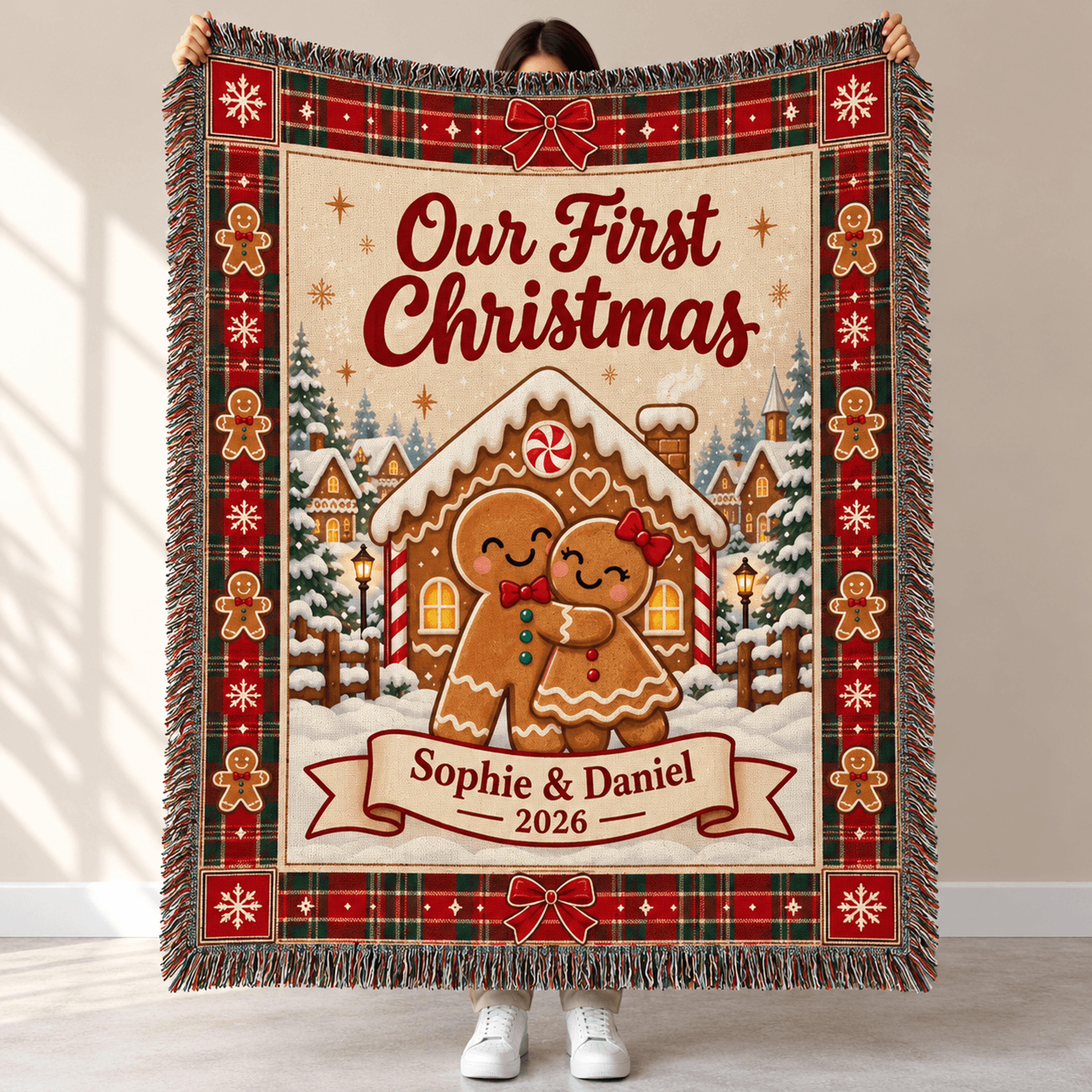 personalized first christmas woven blanket, custom couple names gingerbread throw, cute holiday gift for newlyweds