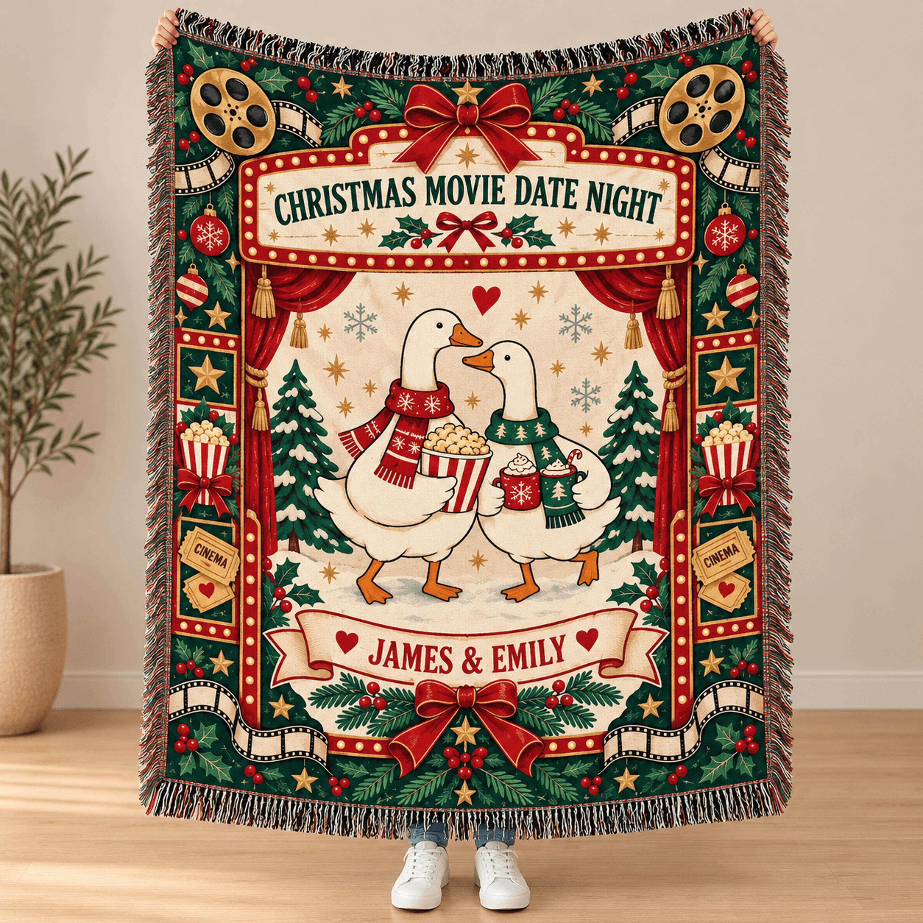 personalized christmas movie night woven blanket, custom family name goose couple throw, cozy holiday cinema gift