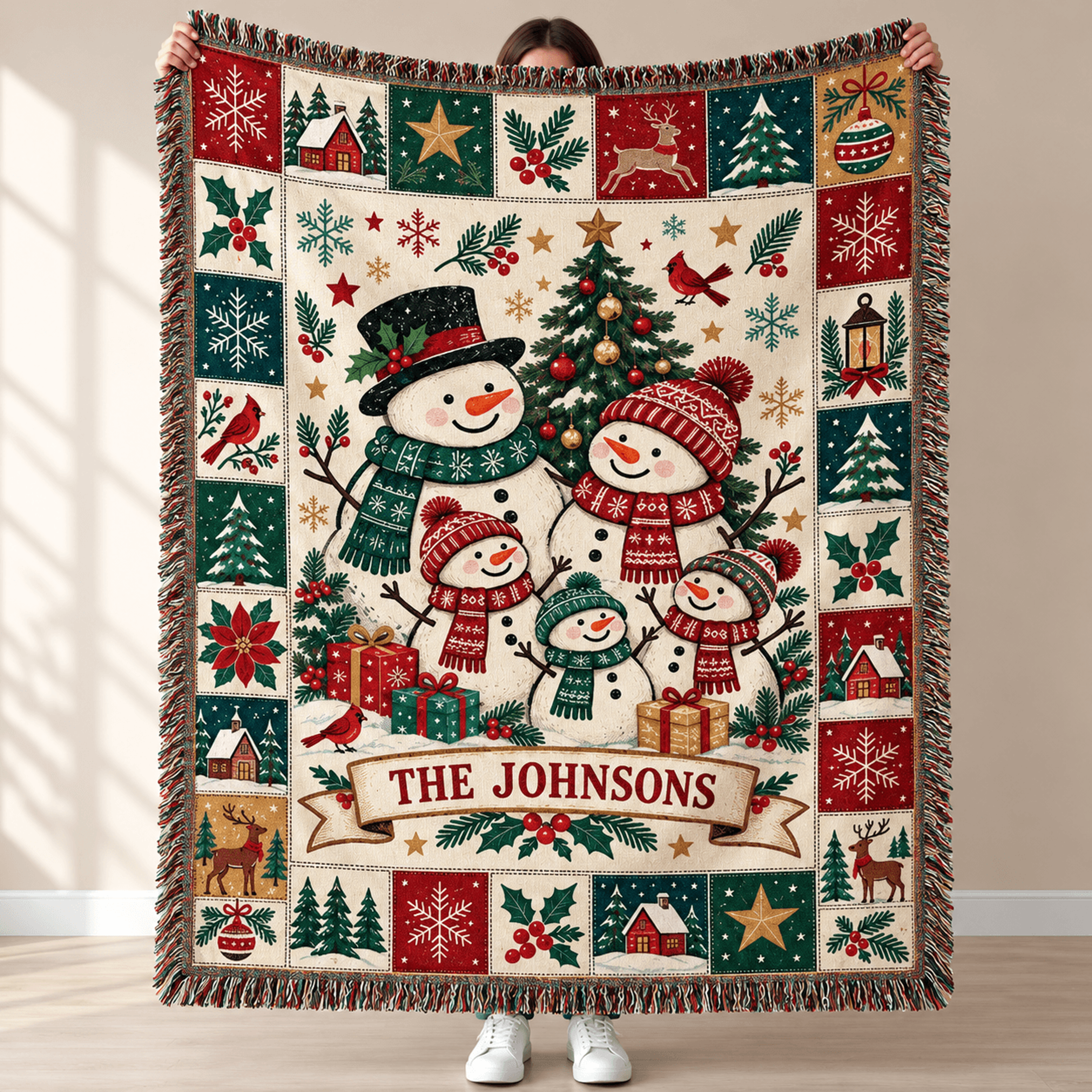 personalized snowman family woven blanket, custom family name christmas throw, cute snowman holiday gift, winter home
