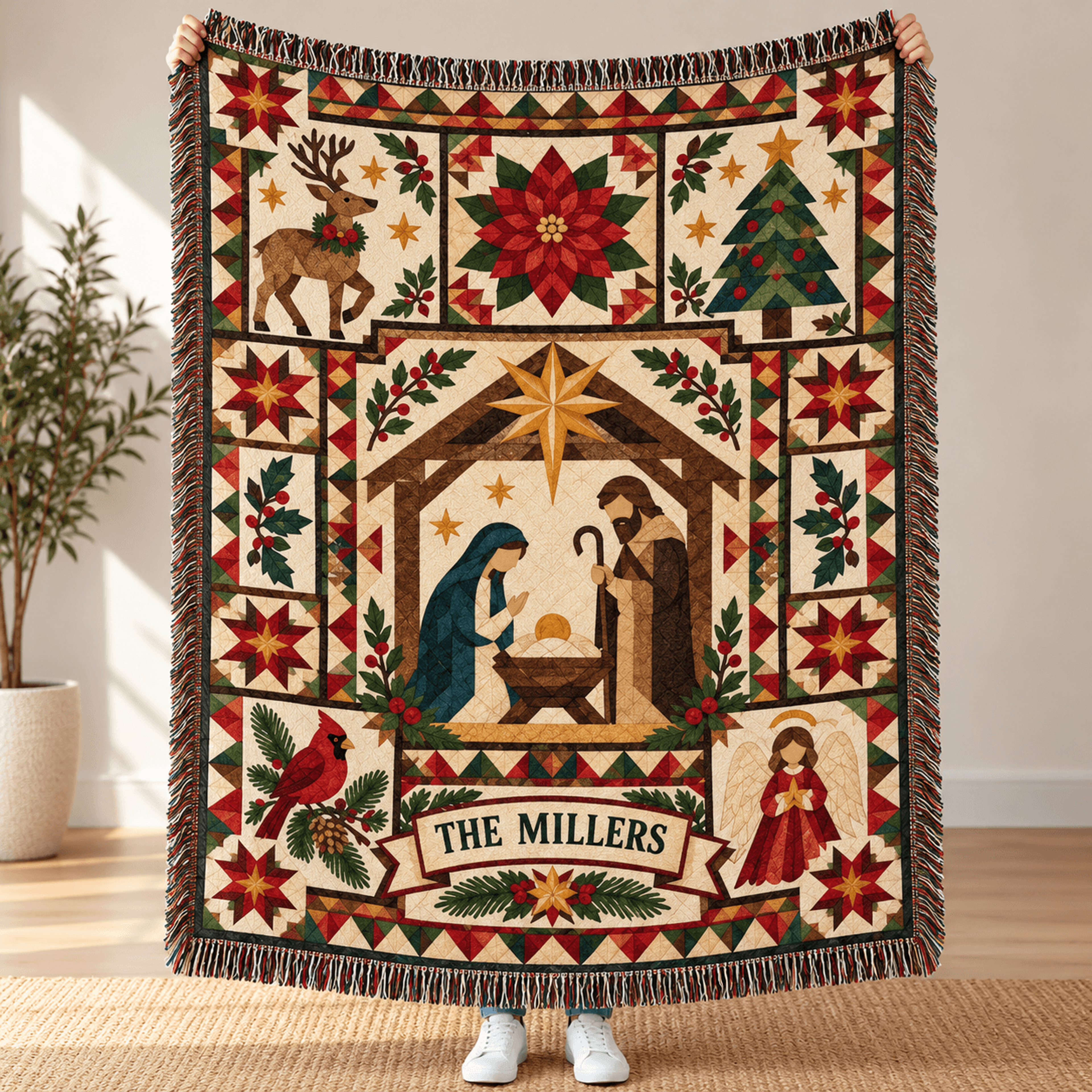 personalized nativity christmas woven blanket, custom family name holy family throw, vintage christian christmas gift
