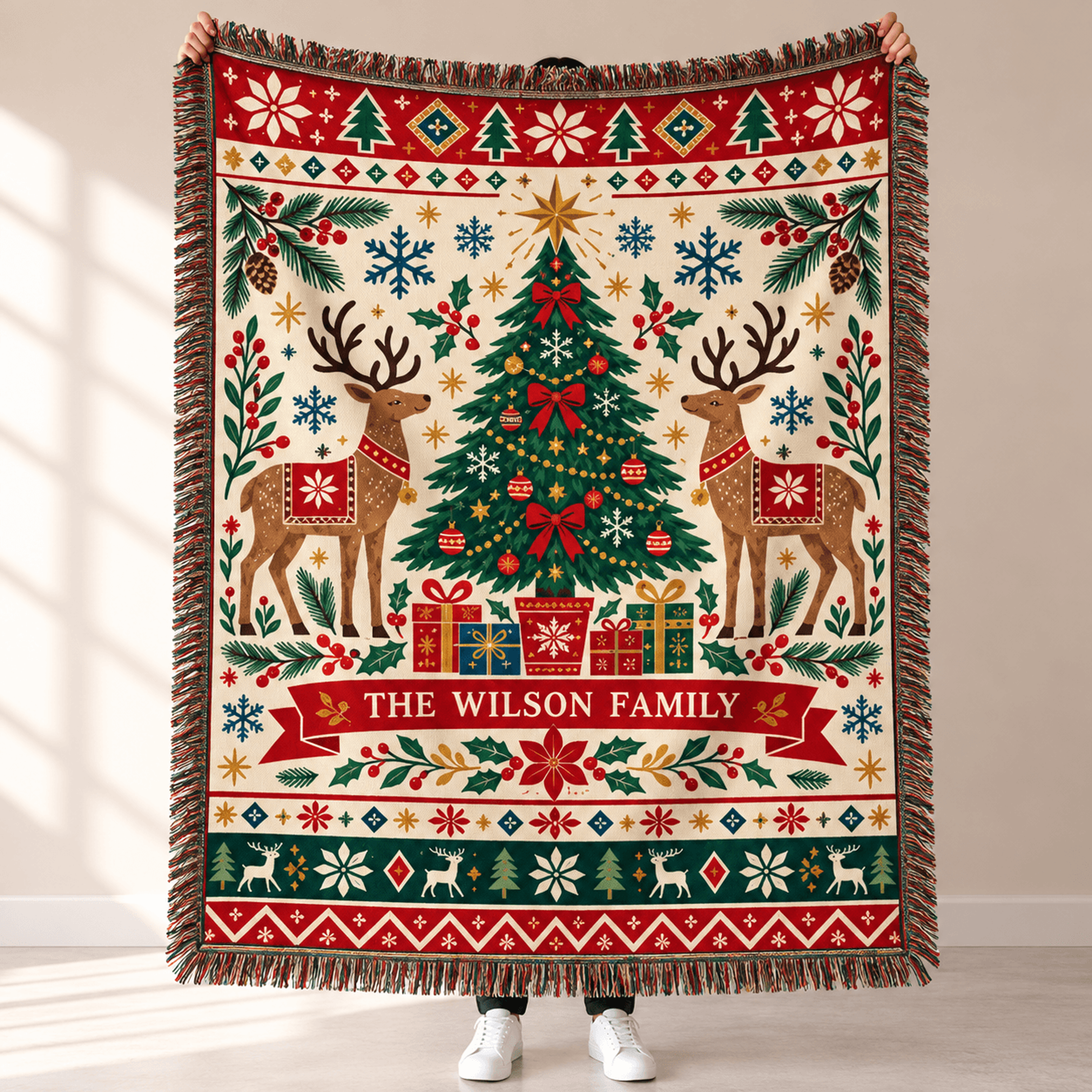 personalized christmas reindeer woven blanket, custom family name holiday throw, vintage christmas tree blanket, festive