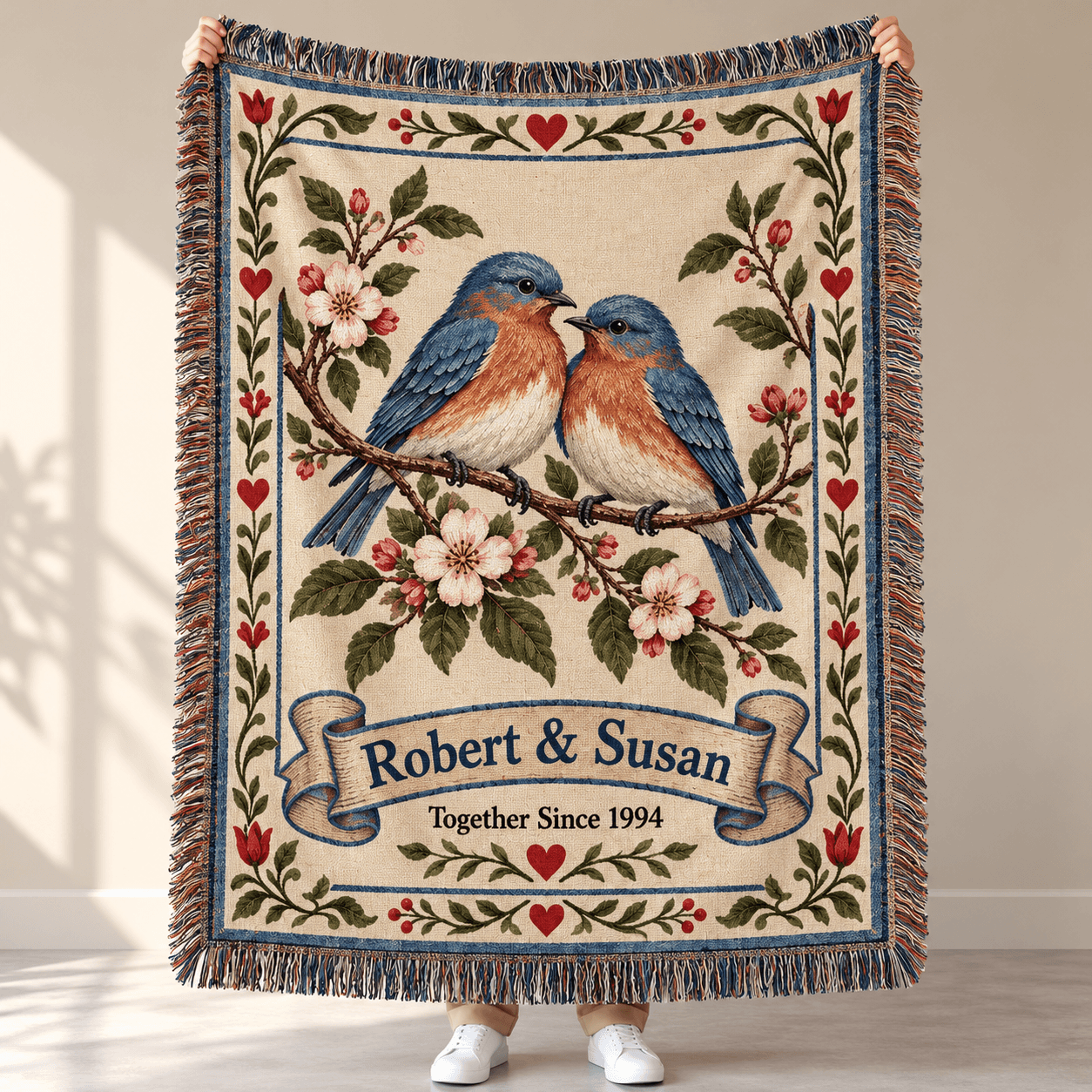personalized bluebird couple woven blanket, custom names anniversary throw, romantic love birds gift, wedding keepsake