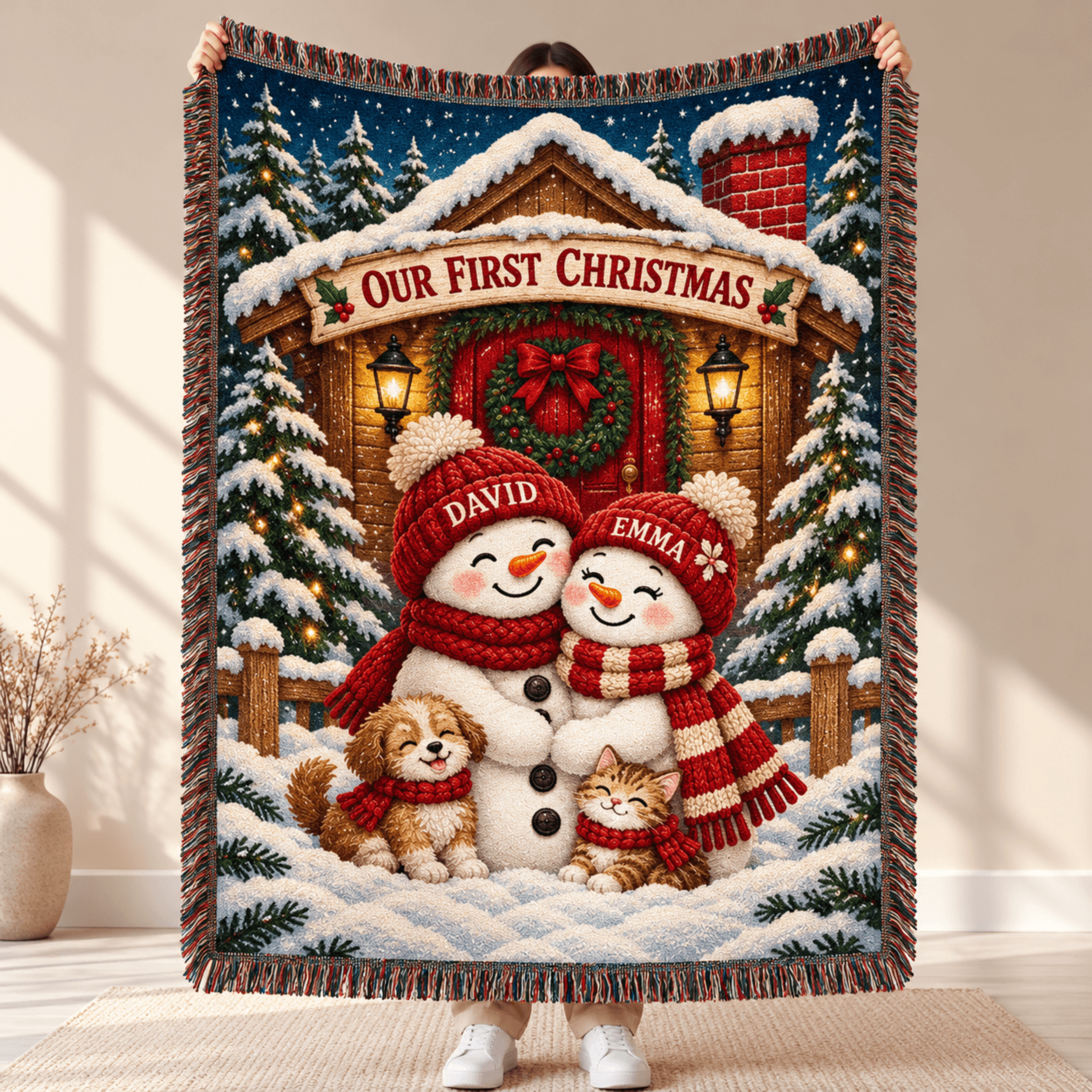 personalized our first christmas woven blanket, custom snowman couple names throw, first holiday together gift