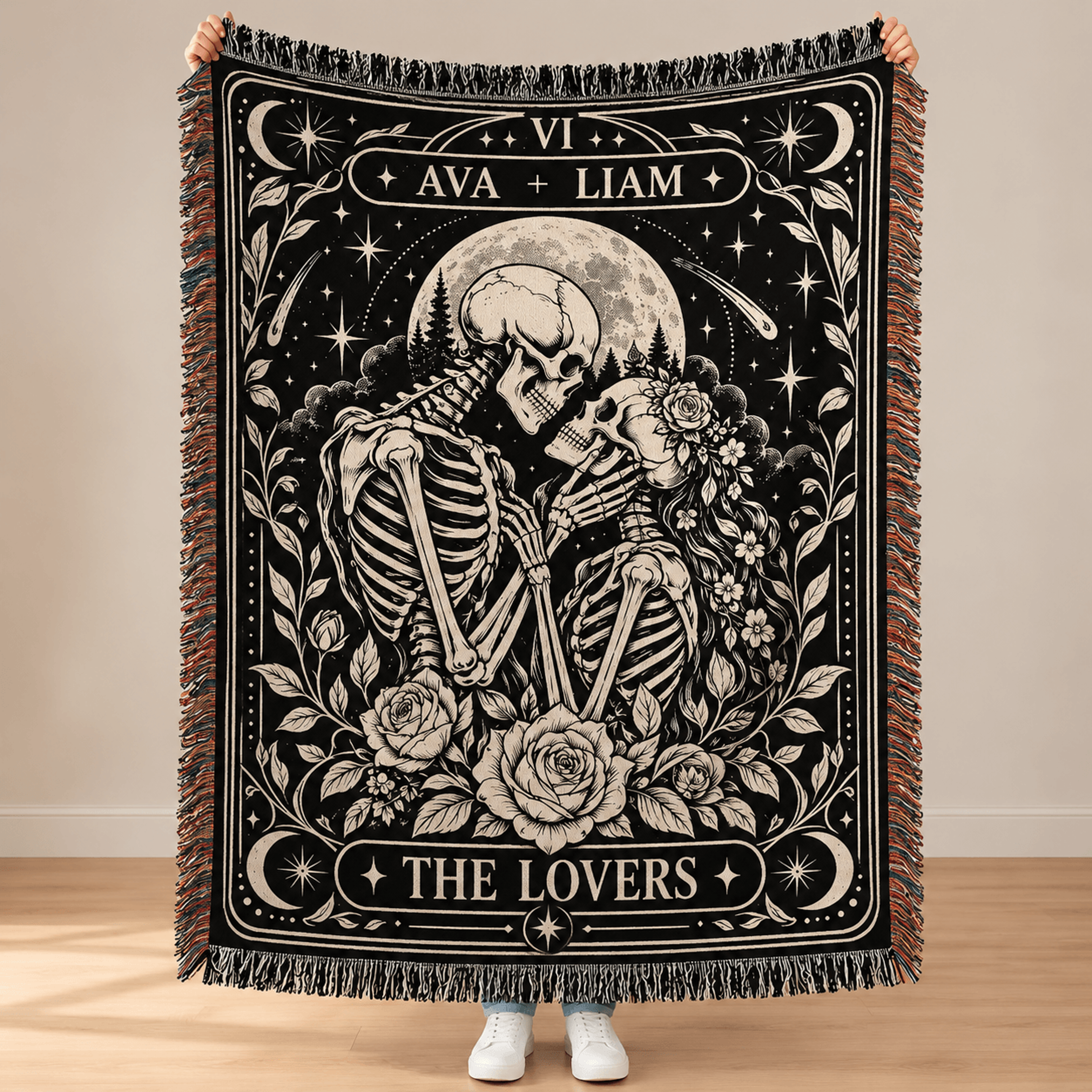 personalized the lovers tarot woven blanket, custom couple names skeleton love throw, gothic romance wedding anniversary