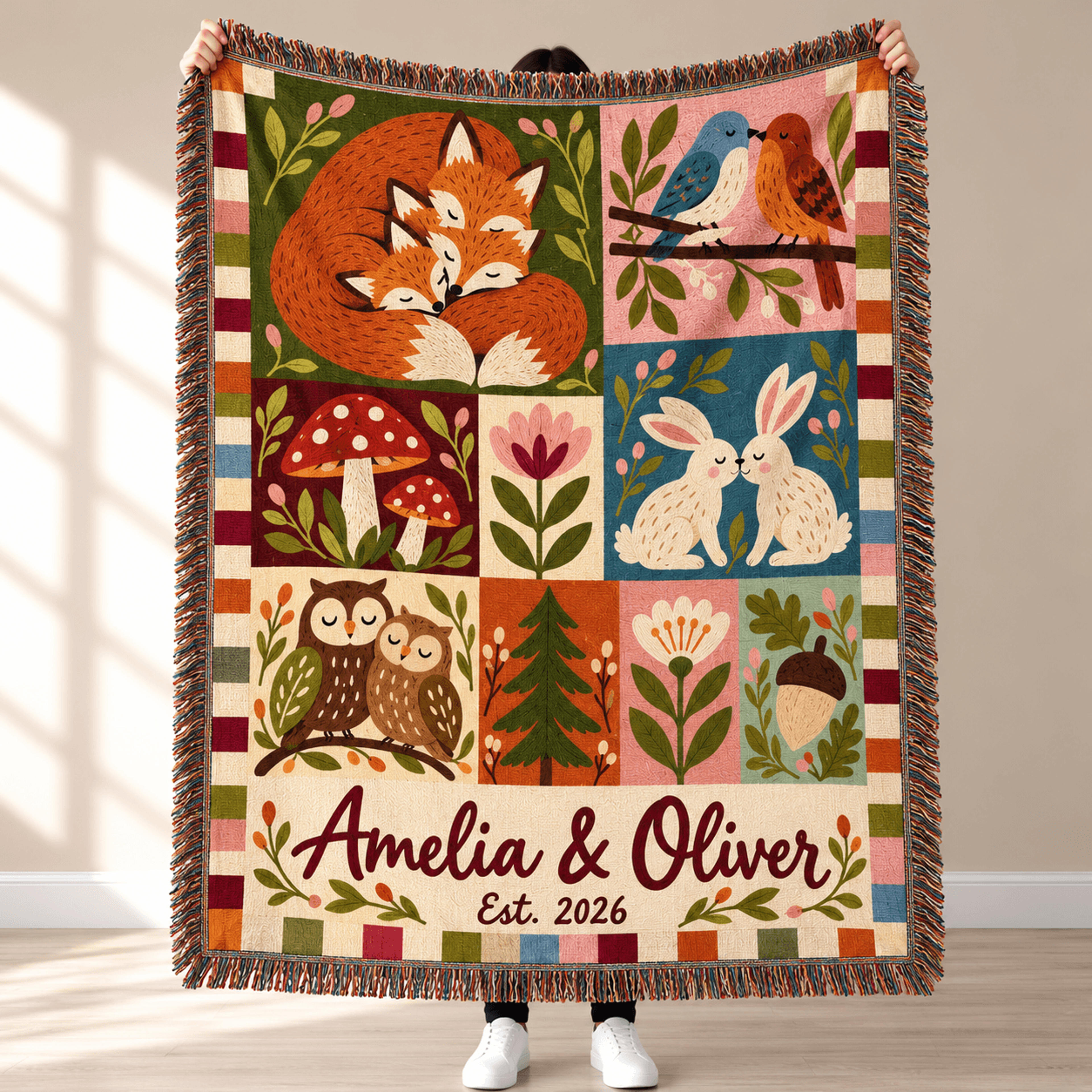 personalized woodland animals woven blanket, custom couple names forest patchwork throw, boho anniversary wedding gift